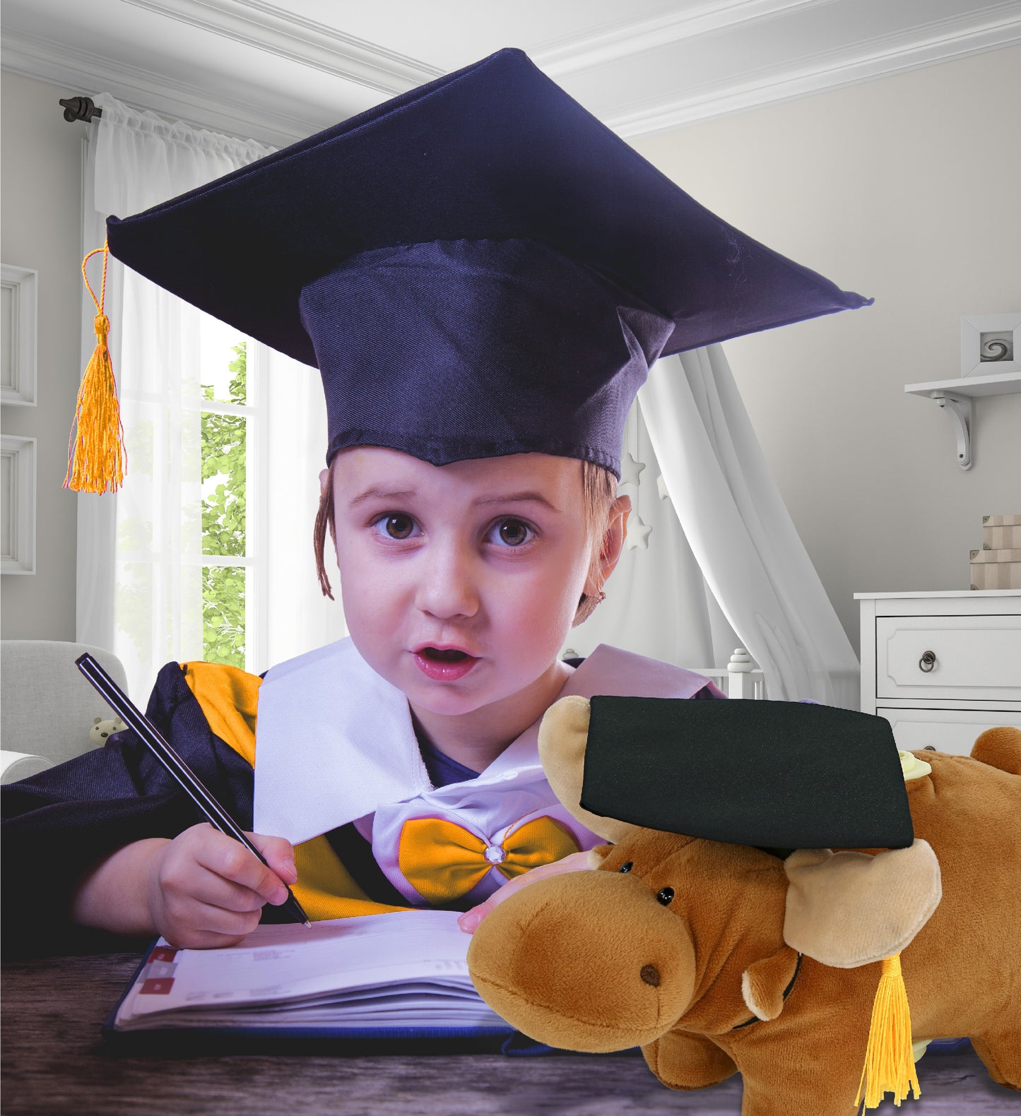 DolliBu Moose - Plush Bank Graduation Toy with Cap with Tassel Outfit - 9 Inch