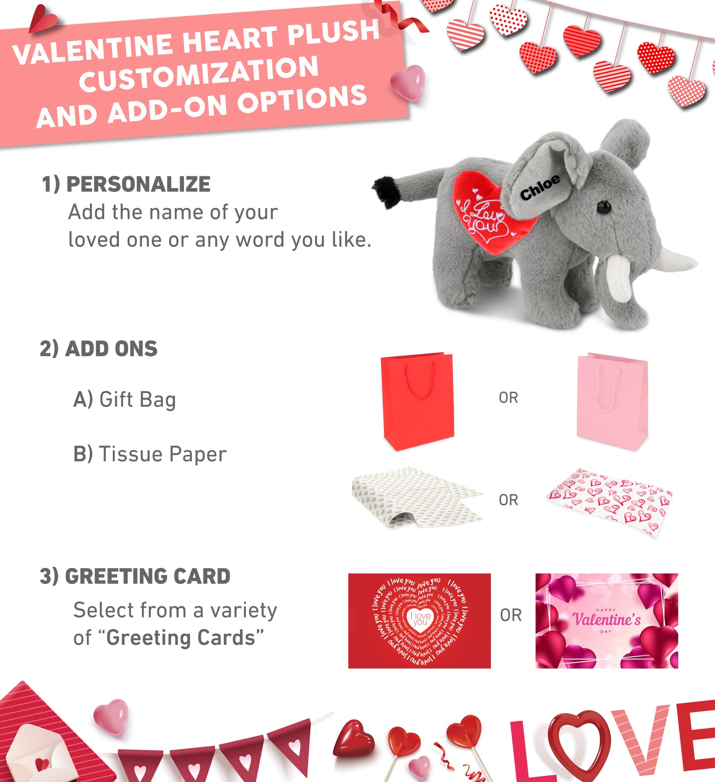 PLUSH I LOVE YOU RED HEART - SUPER-SOFT PLUSH - STANDING ELEPHANT 7.5"