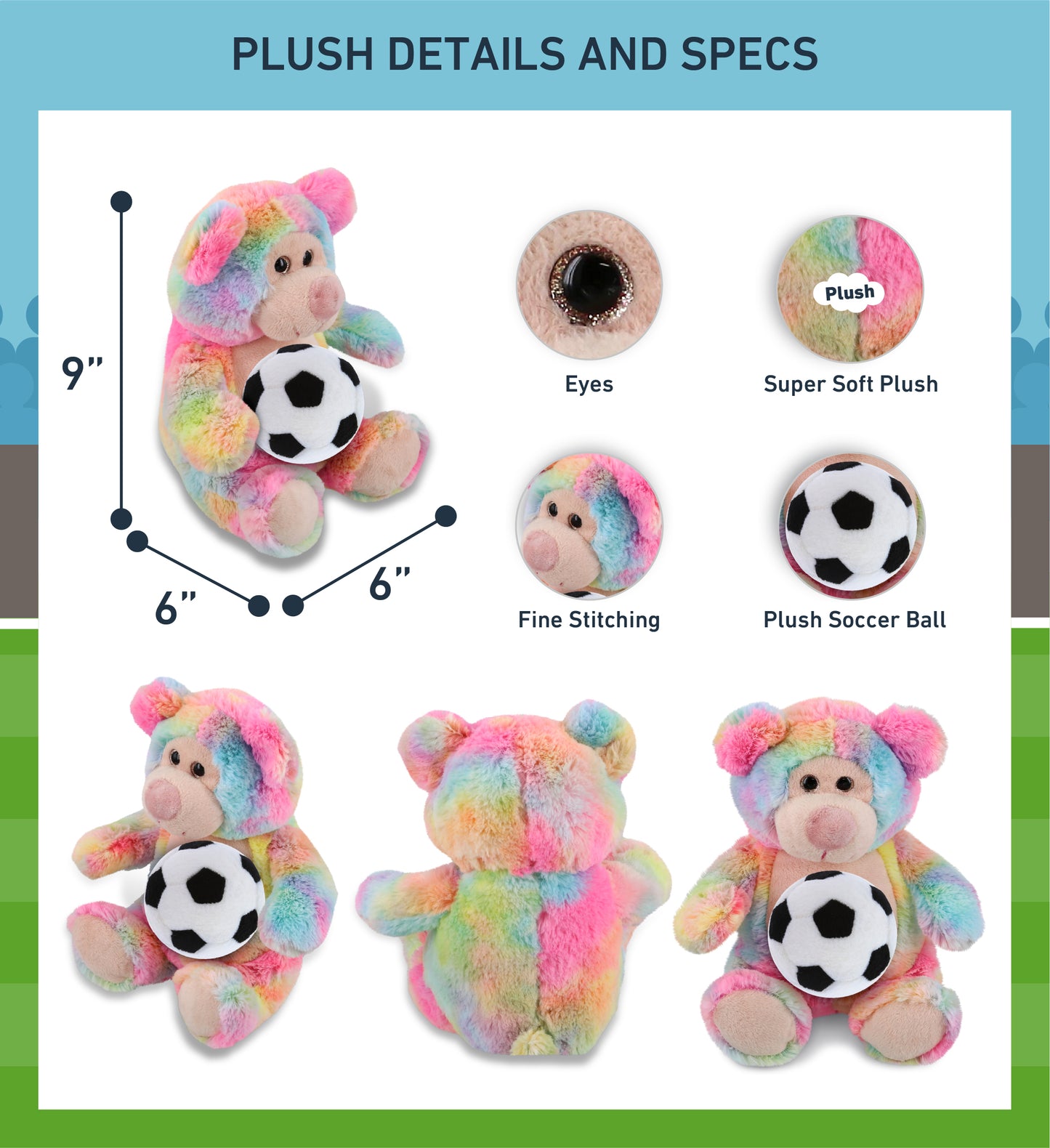 SUPER-SOFT PLUSH - RAINBOW BEAR 9" WITH SOCCER PLUSH