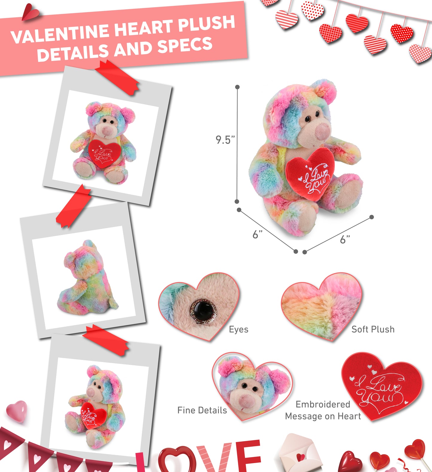 PLUSH I LOVE YOU RED HEART - SUPER-SOFT PLUSH - RAINBOW BEAR 9"