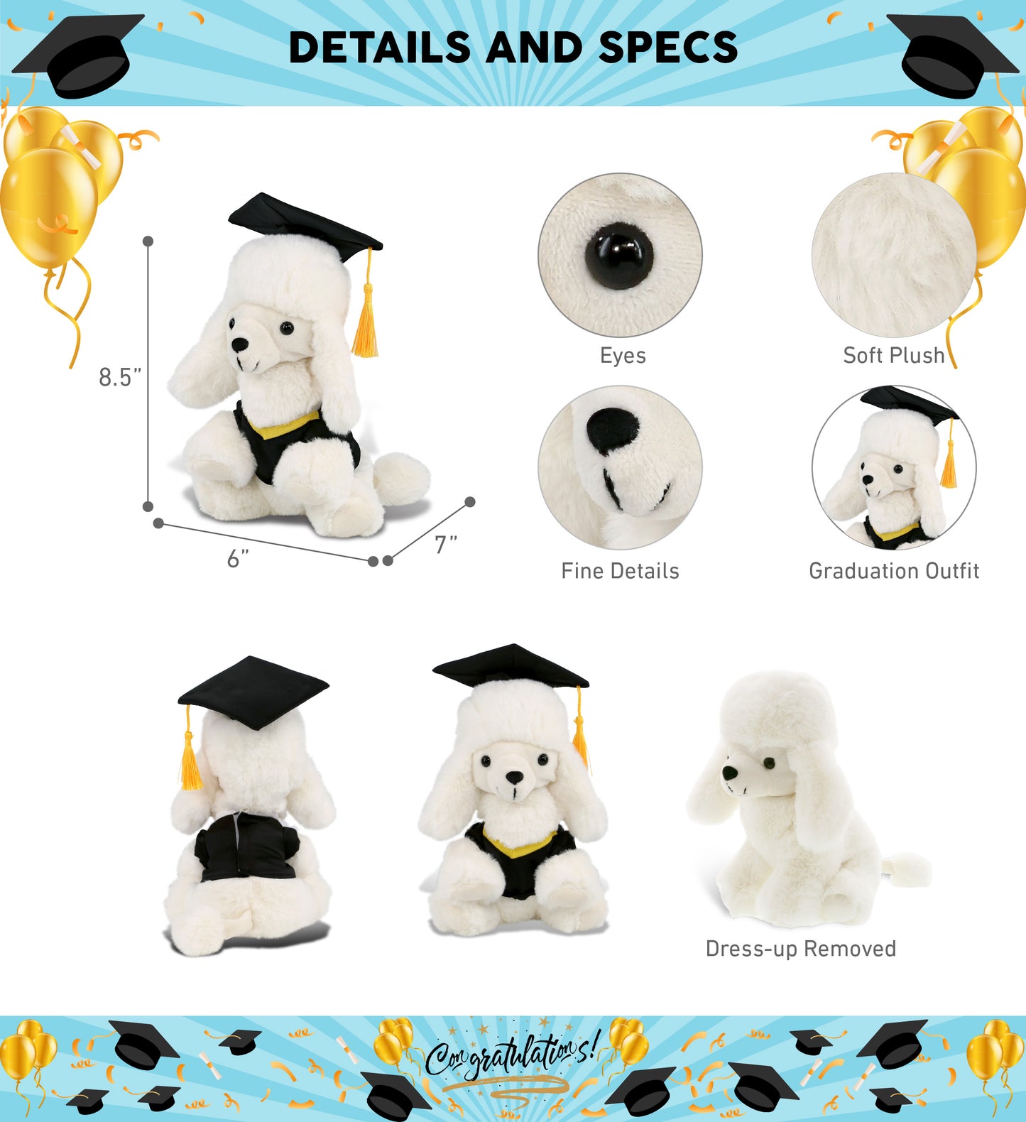 DolliBu White Poodle Dog Graduation Plush Toy with Gown and Cap - 8.5 Inches