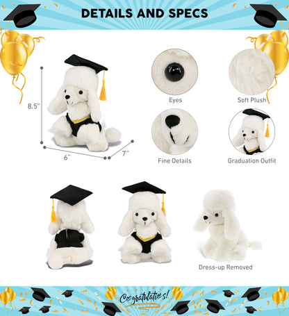 DolliBu White Poodle Dog Graduation Plush Toy with Gown and Cap - 8.5 Inches