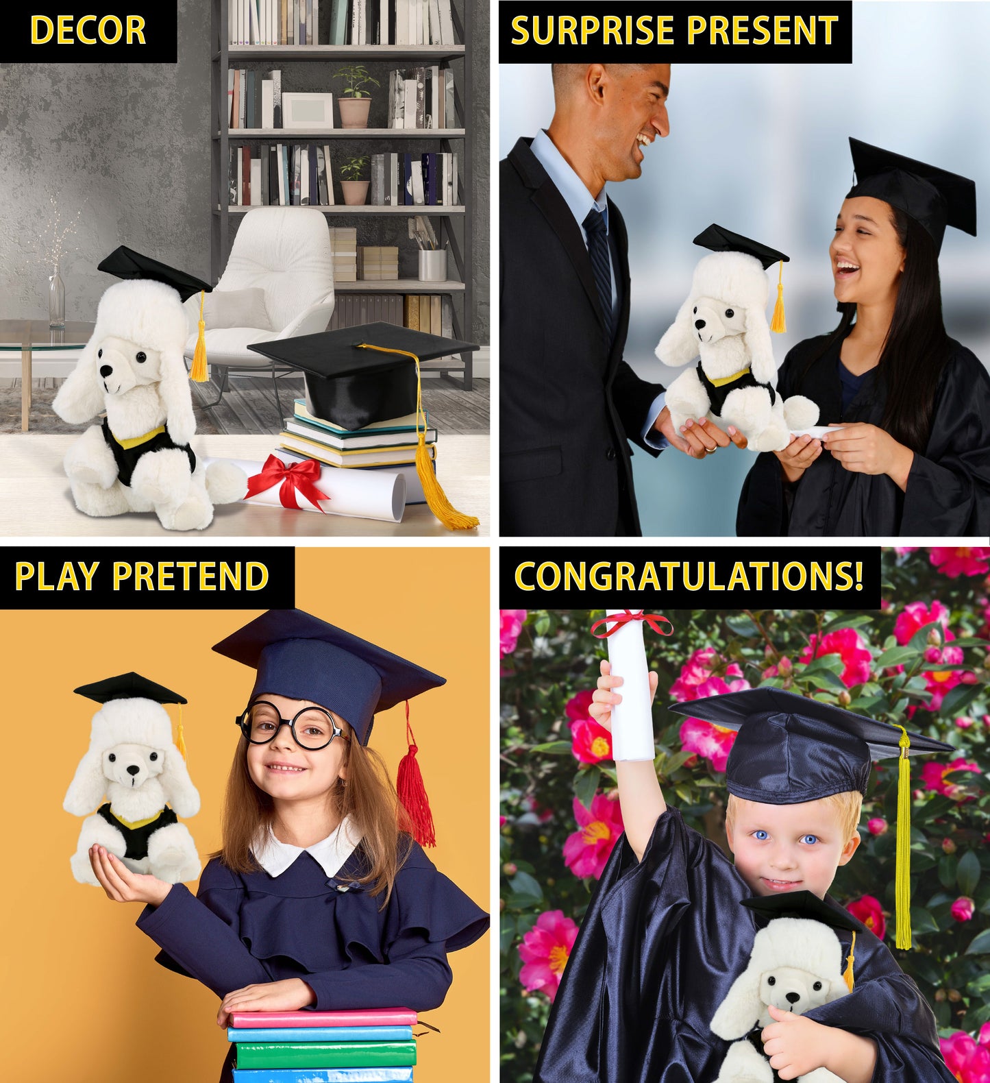 DolliBu White Poodle Dog Graduation Plush Toy with Gown and Cap - 8.5 Inches