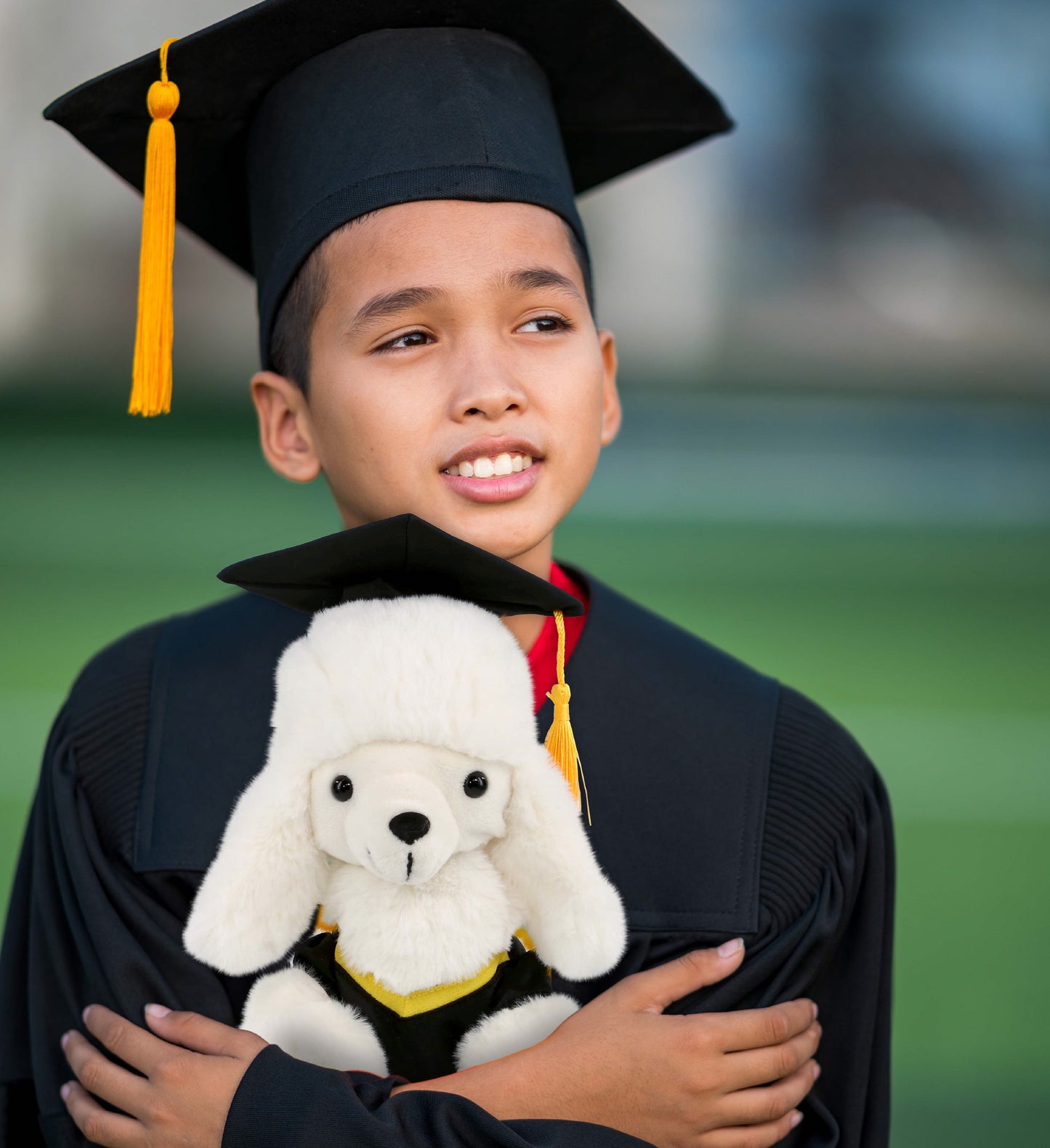 DolliBu White Poodle Dog Graduation Plush Toy with Gown and Cap - 8.5 Inches