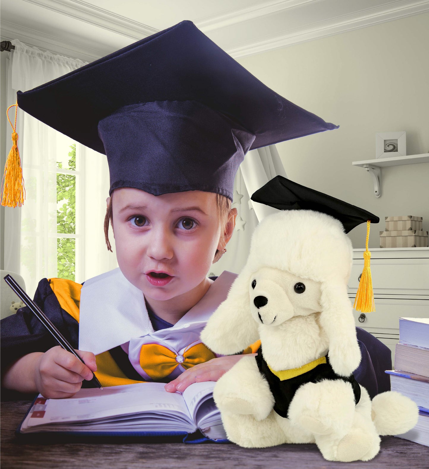 DolliBu White Poodle Dog Graduation Plush Toy with Gown and Cap - 8.5 Inches