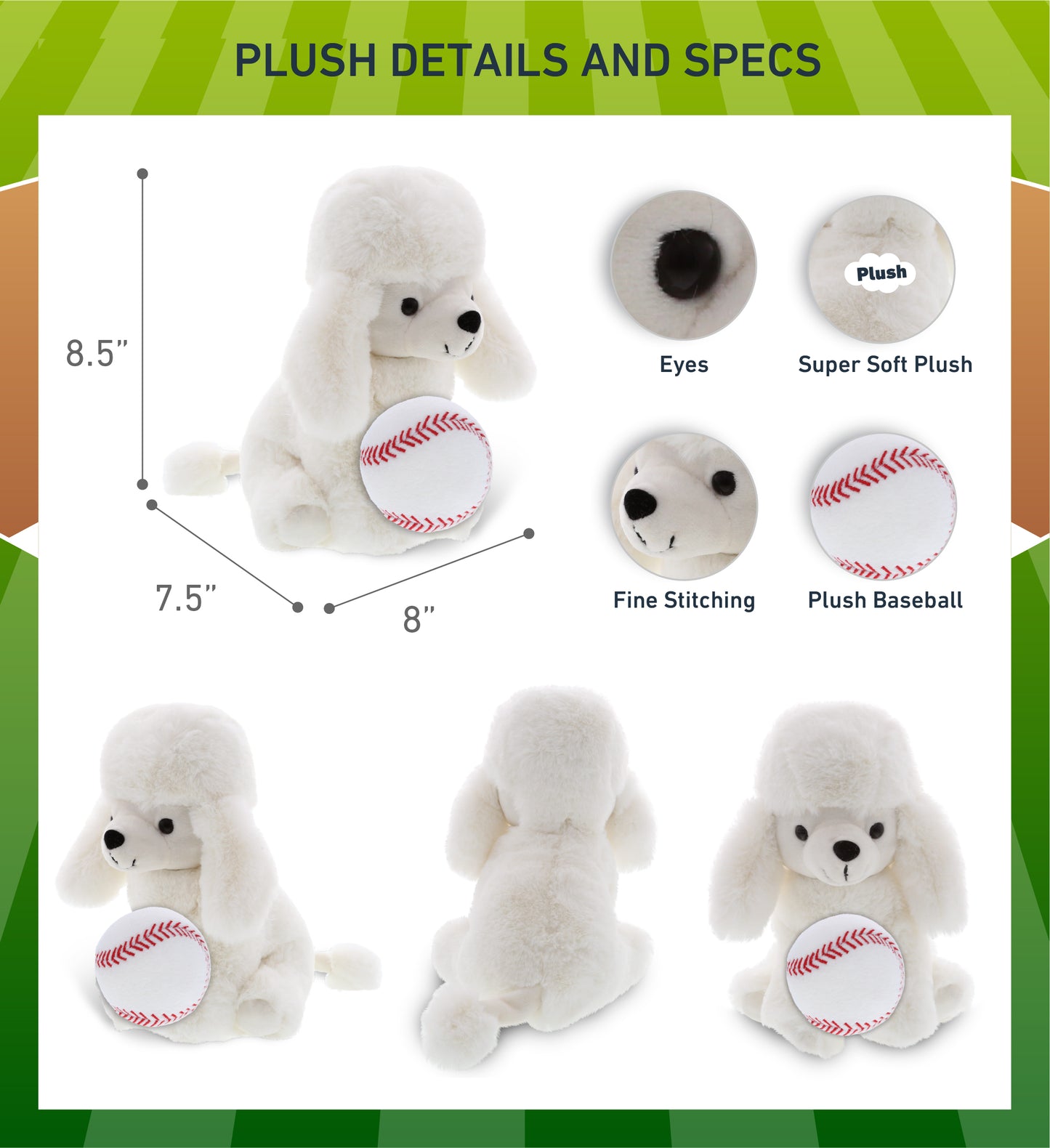SUPER SOFT PLUSH - WHITE POODLE DOG WITH BASEBALL PLUSH