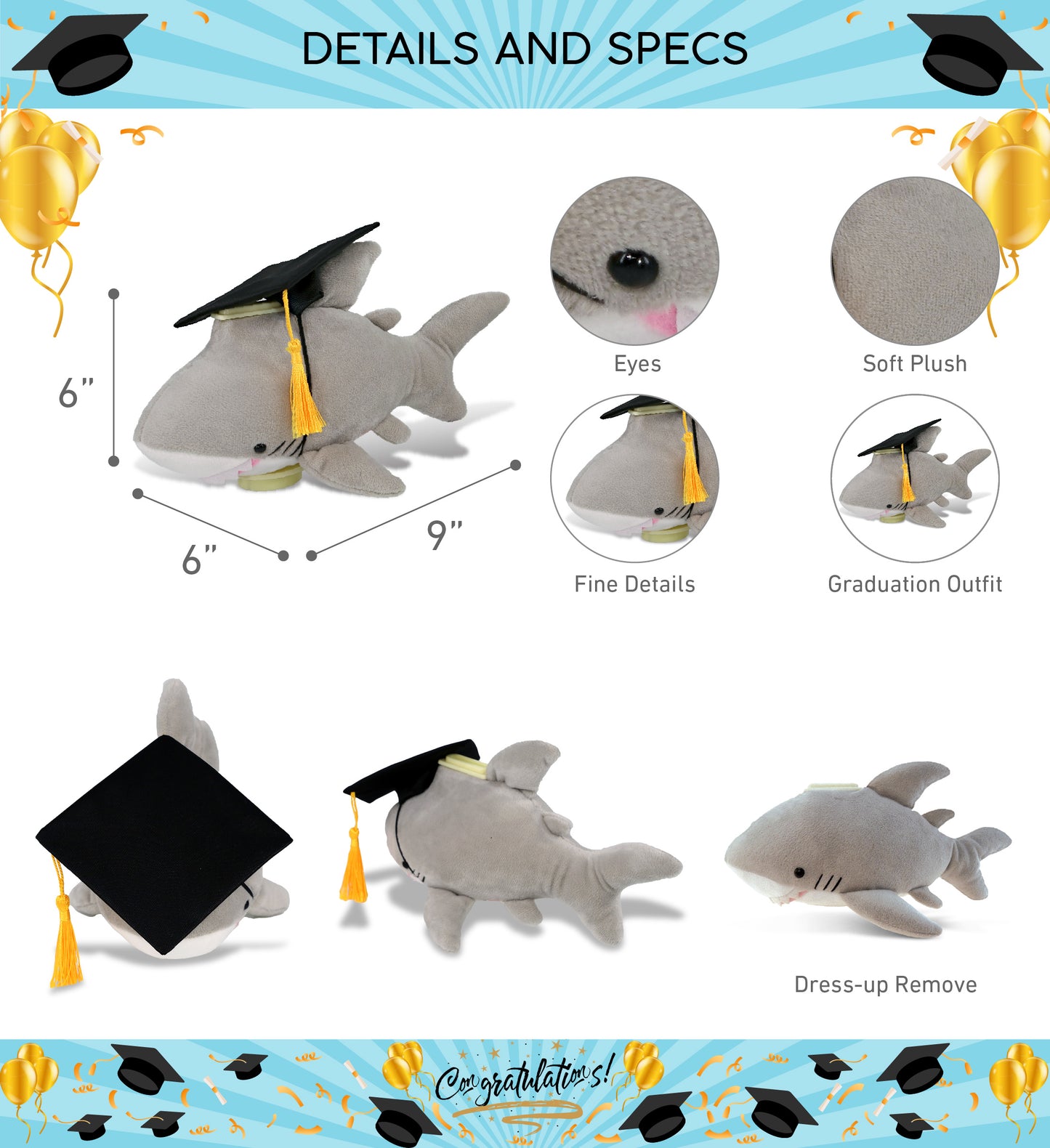 DolliBu Shark - Plush Bank Graduation Toy with Cap with Tassel Outfit - 9 Inch