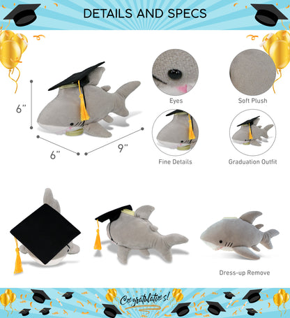 DolliBu Shark - Plush Bank Graduation Toy with Cap with Tassel Outfit - 9 Inch