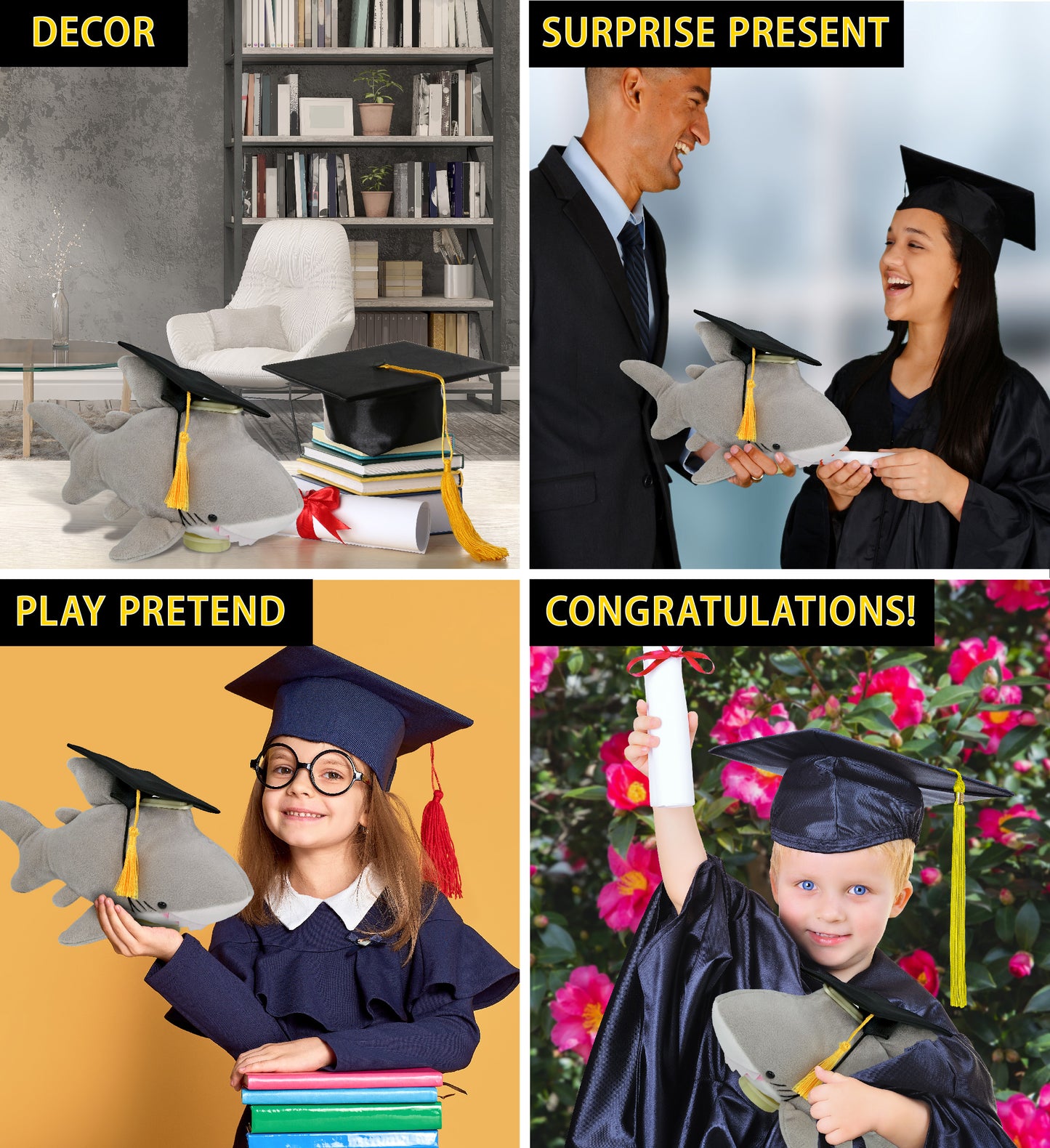 DolliBu Shark - Plush Bank Graduation Toy with Cap with Tassel Outfit - 9 Inch