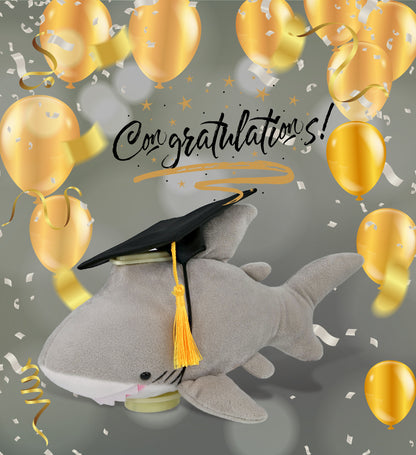 DolliBu Shark - Plush Bank Graduation Toy with Cap with Tassel Outfit - 9 Inch