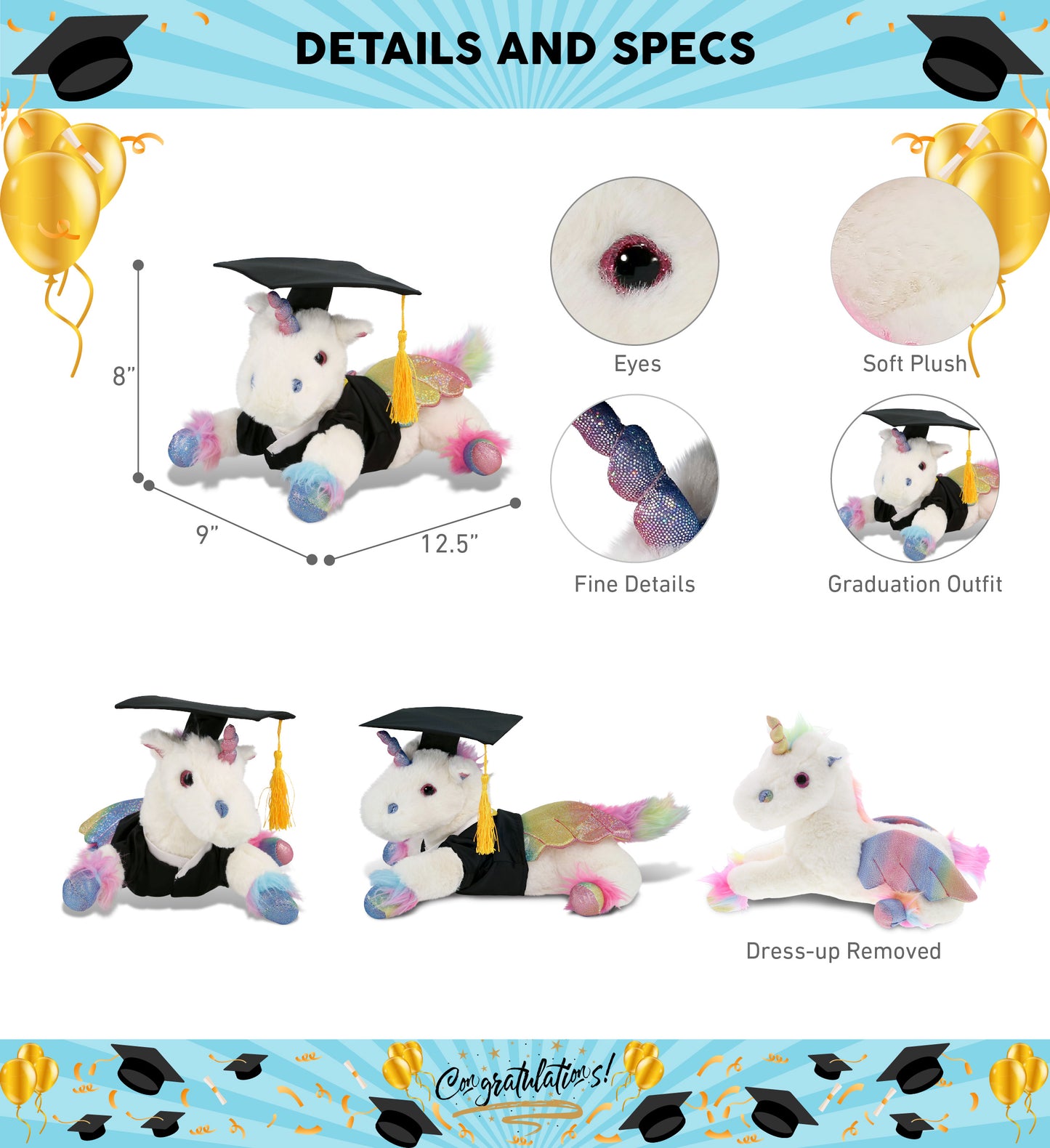DolliBu Royal Flying Unicorn Graduation Plush Toy with Gown and Cap - 12.5 Inch
