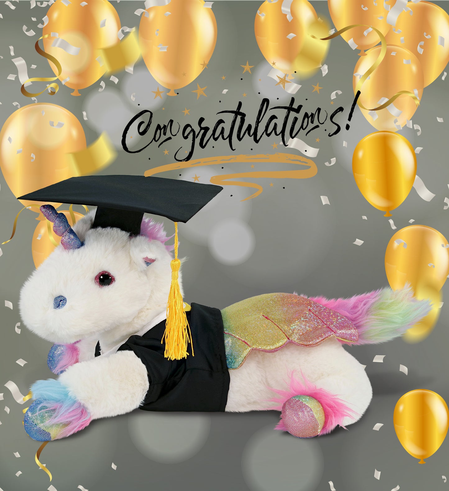 DolliBu Royal Flying Unicorn Graduation Plush Toy with Gown and Cap - 12.5 Inch
