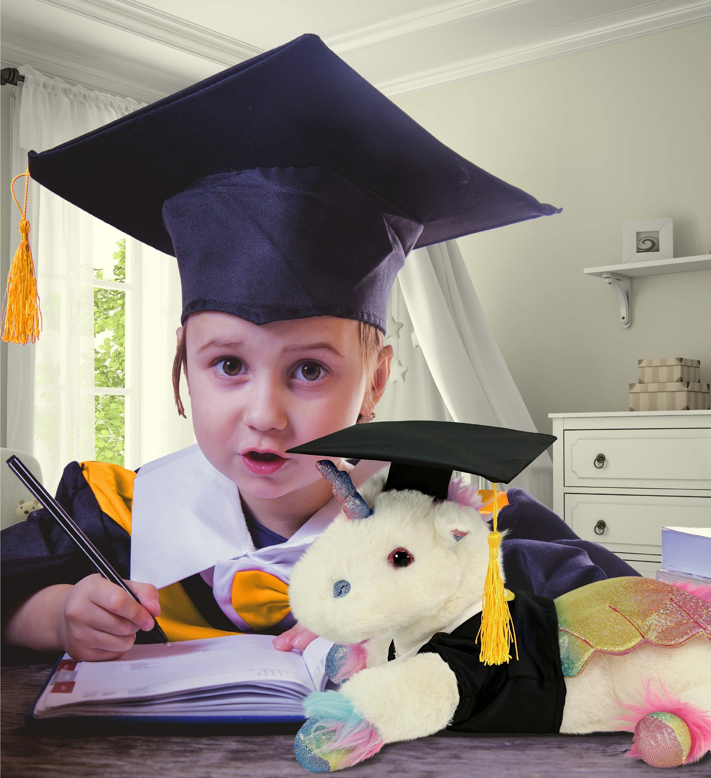 DolliBu Royal Flying Unicorn Graduation Plush Toy with Gown and Cap - 12.5 Inch