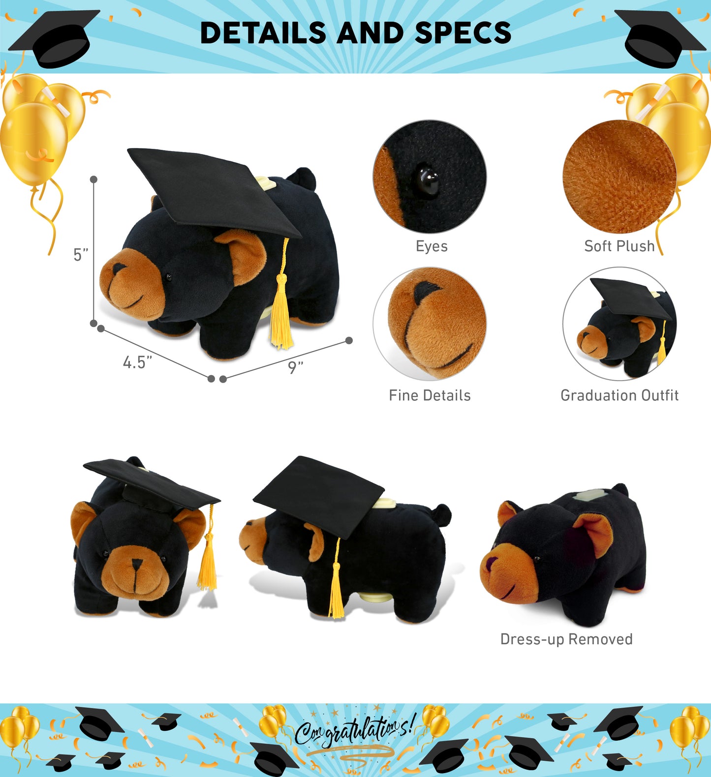 DolliBu Black Bear - Plush Bank Graduation Toy with Cap with Tassel - 9 Inches