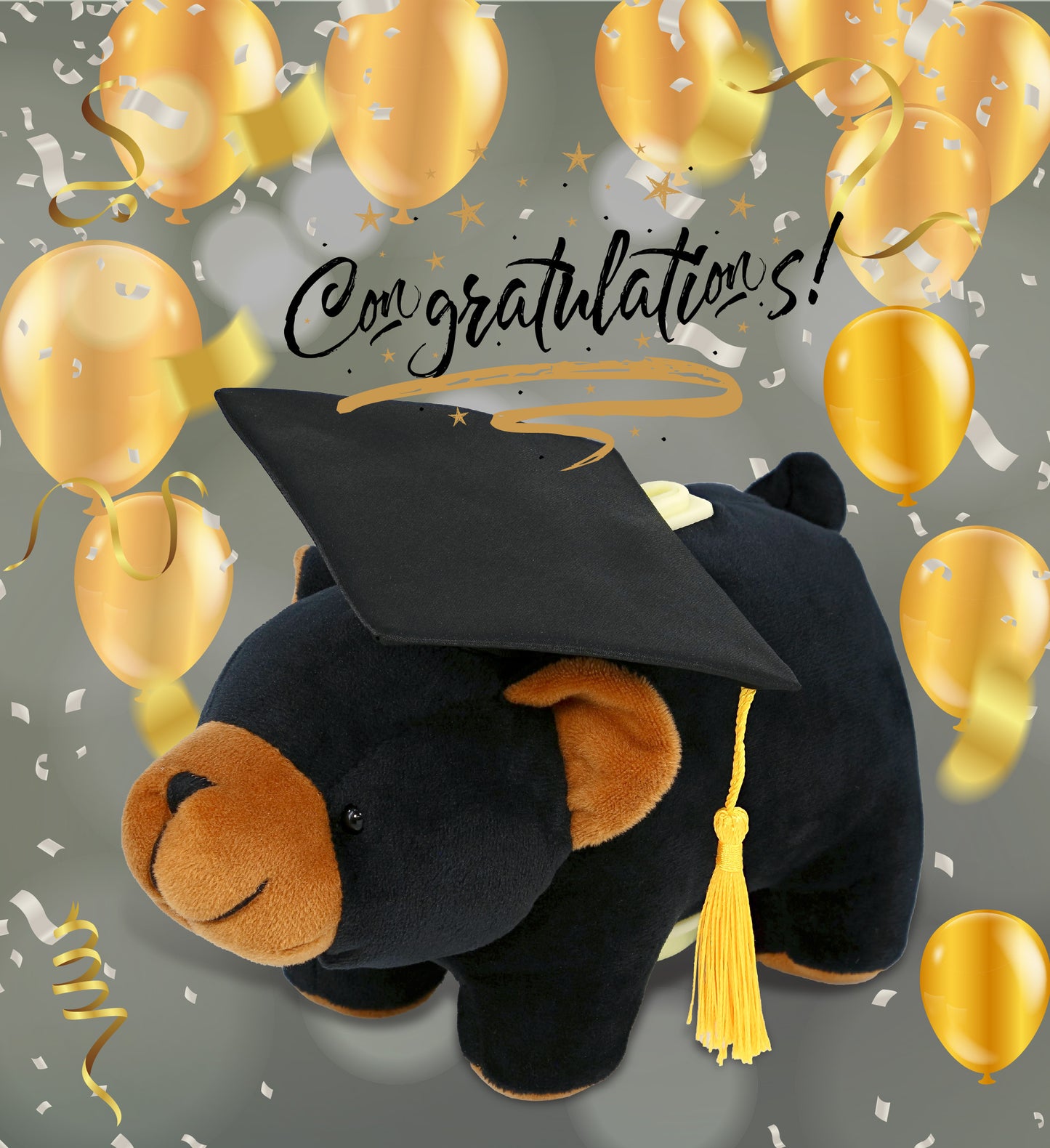 DolliBu Black Bear - Plush Bank Graduation Toy with Cap with Tassel - 9 Inches