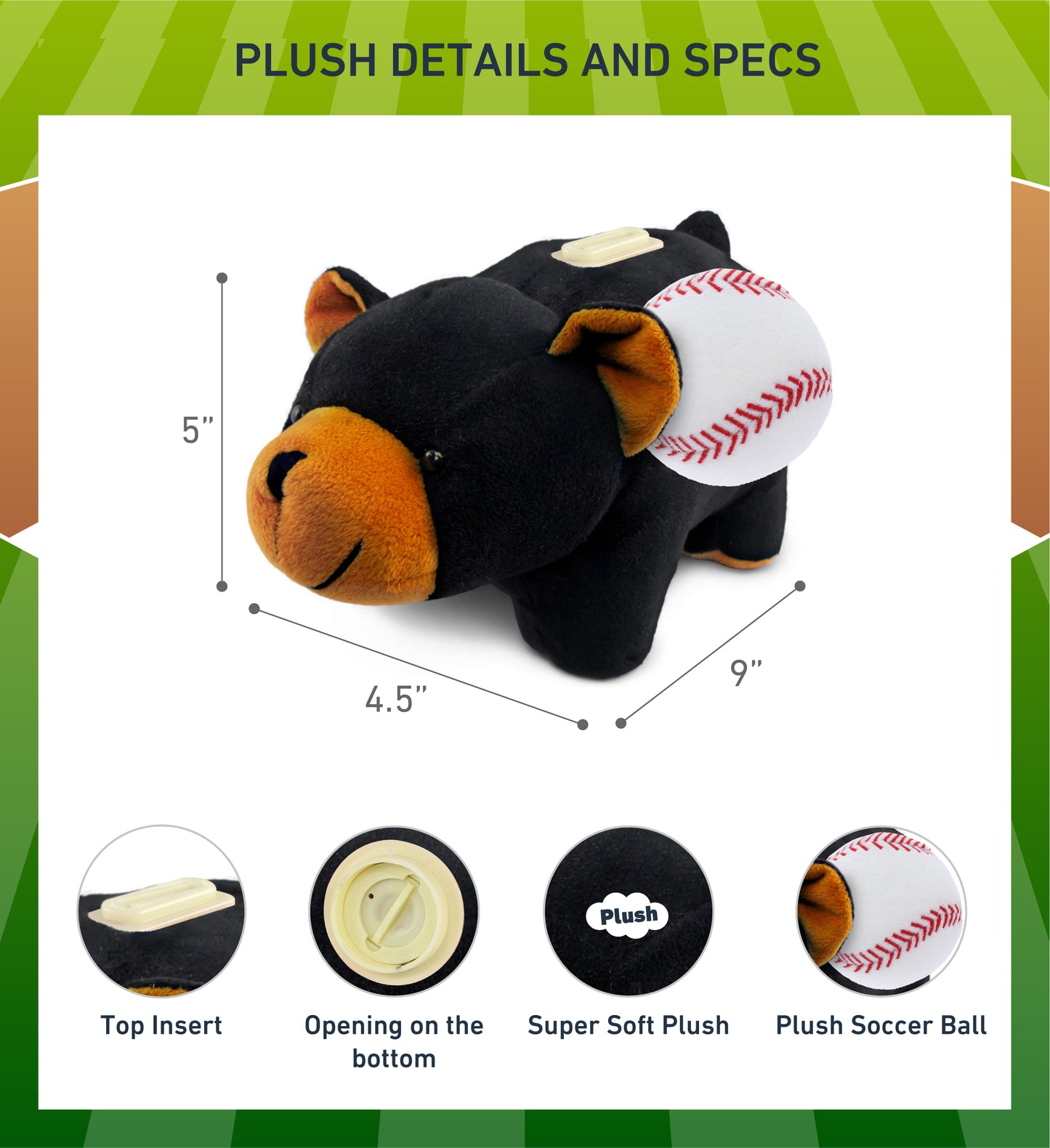 PLUSH BANK - BLACK BEAR WITH BASEBALL PLUSH