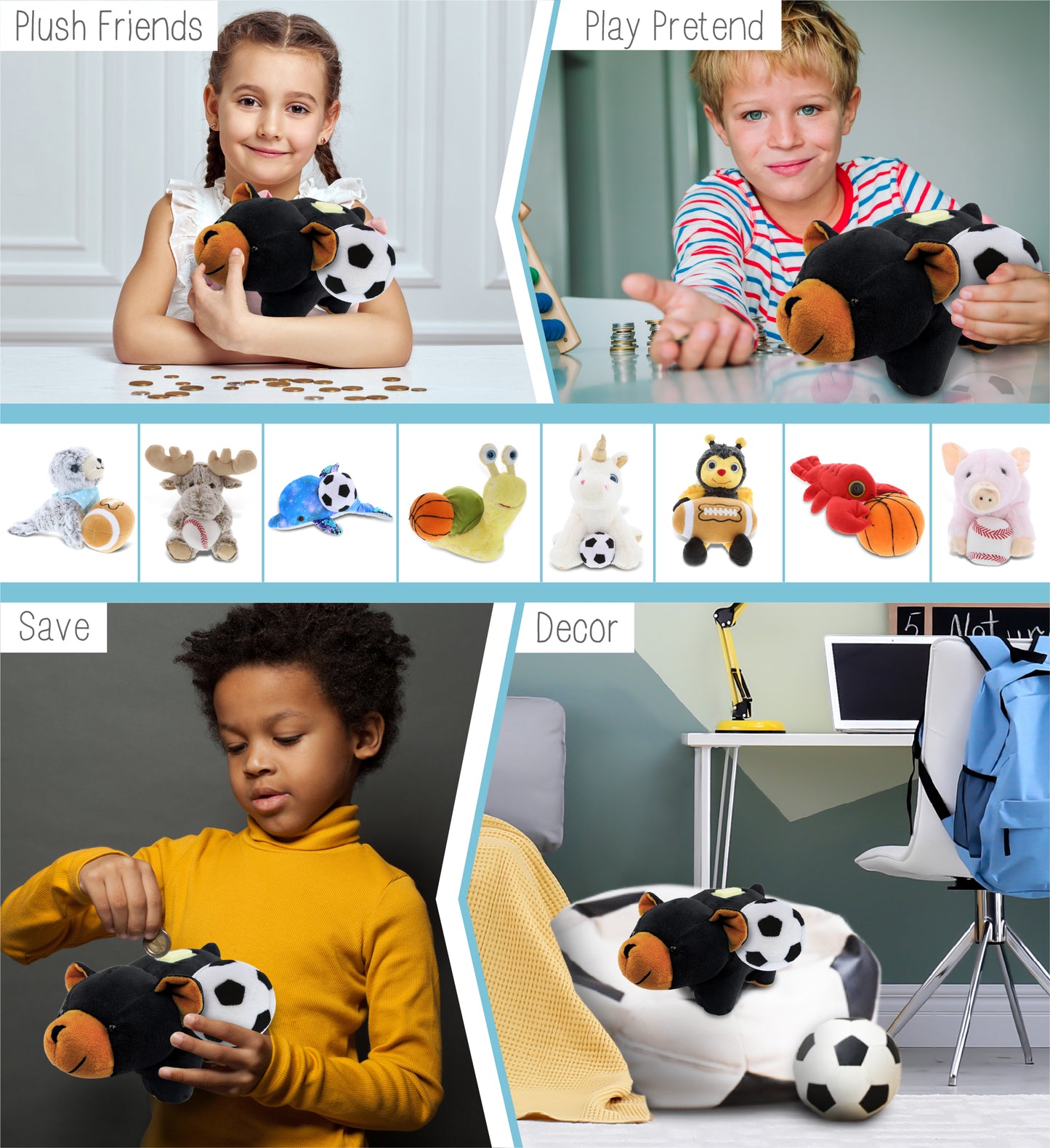 PLUSH BANK - BLACK BEAR WITH SOCCER PLUSH