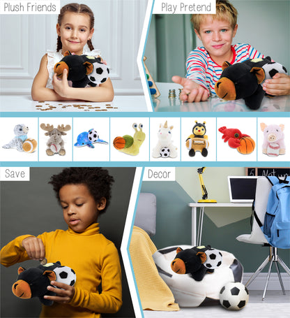 PLUSH BANK - BLACK BEAR WITH SOCCER PLUSH