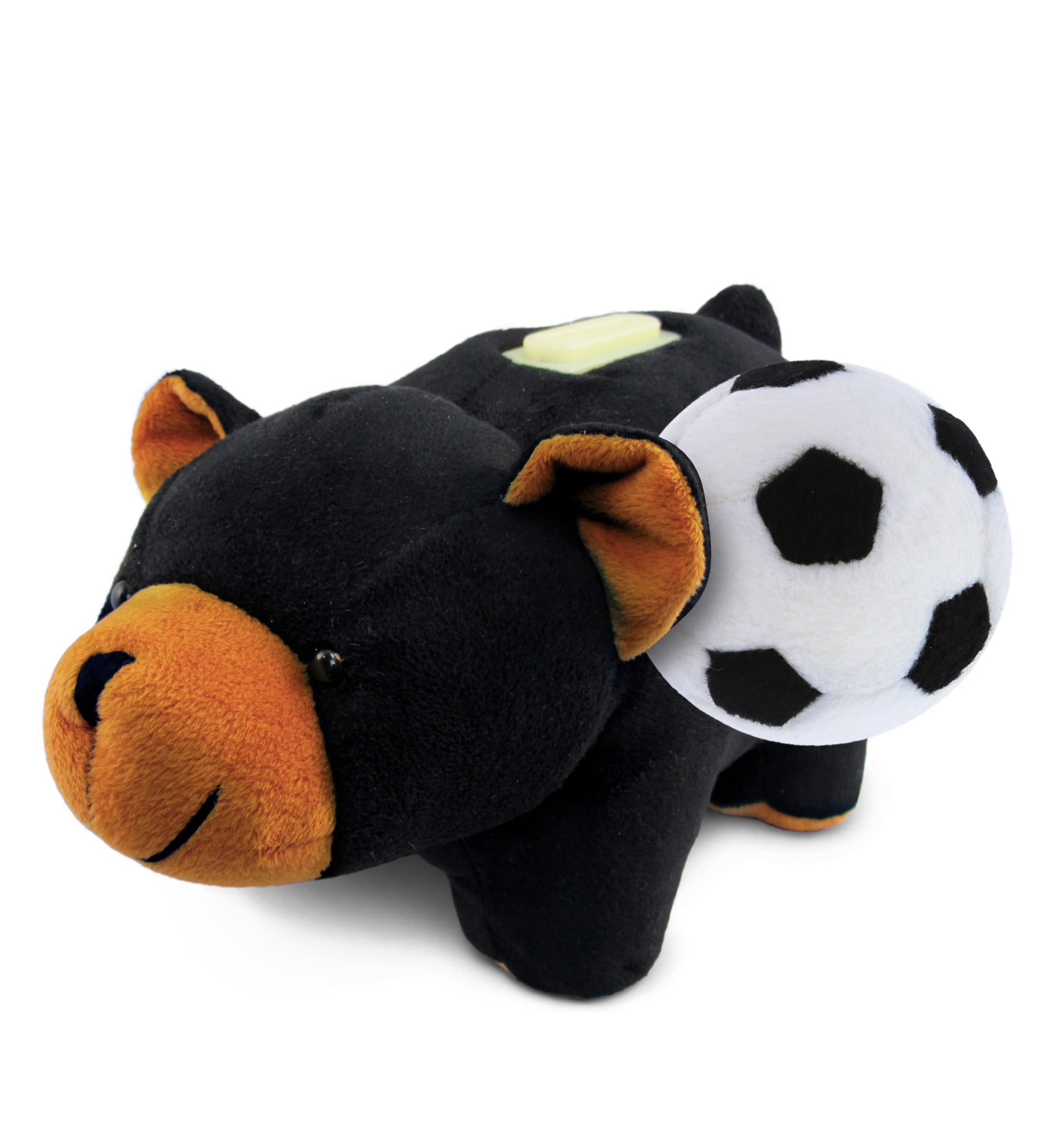 PLUSH BANK - BLACK BEAR WITH SOCCER PLUSH