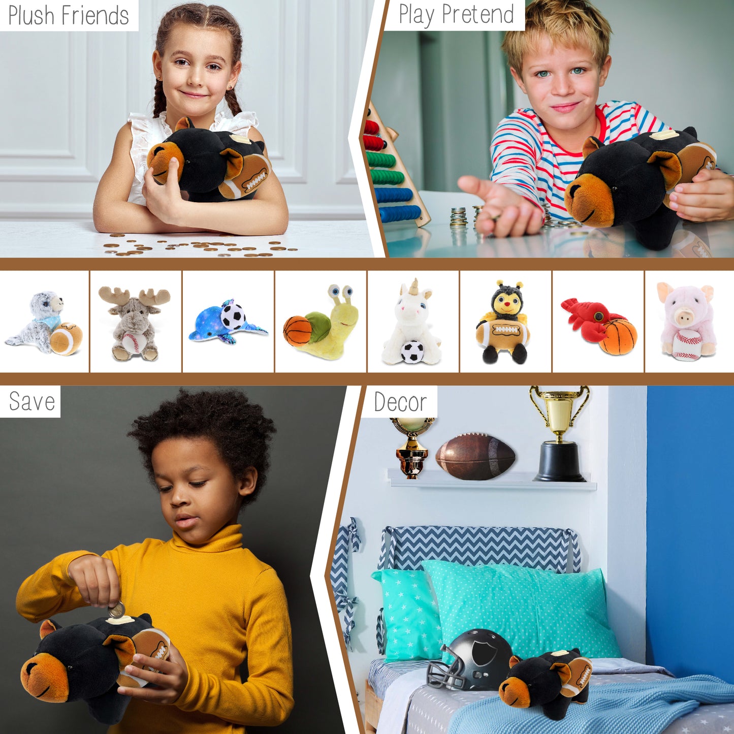 PLUSH BANK - BLACK BEAR WITH FOOTBALL PLUSH