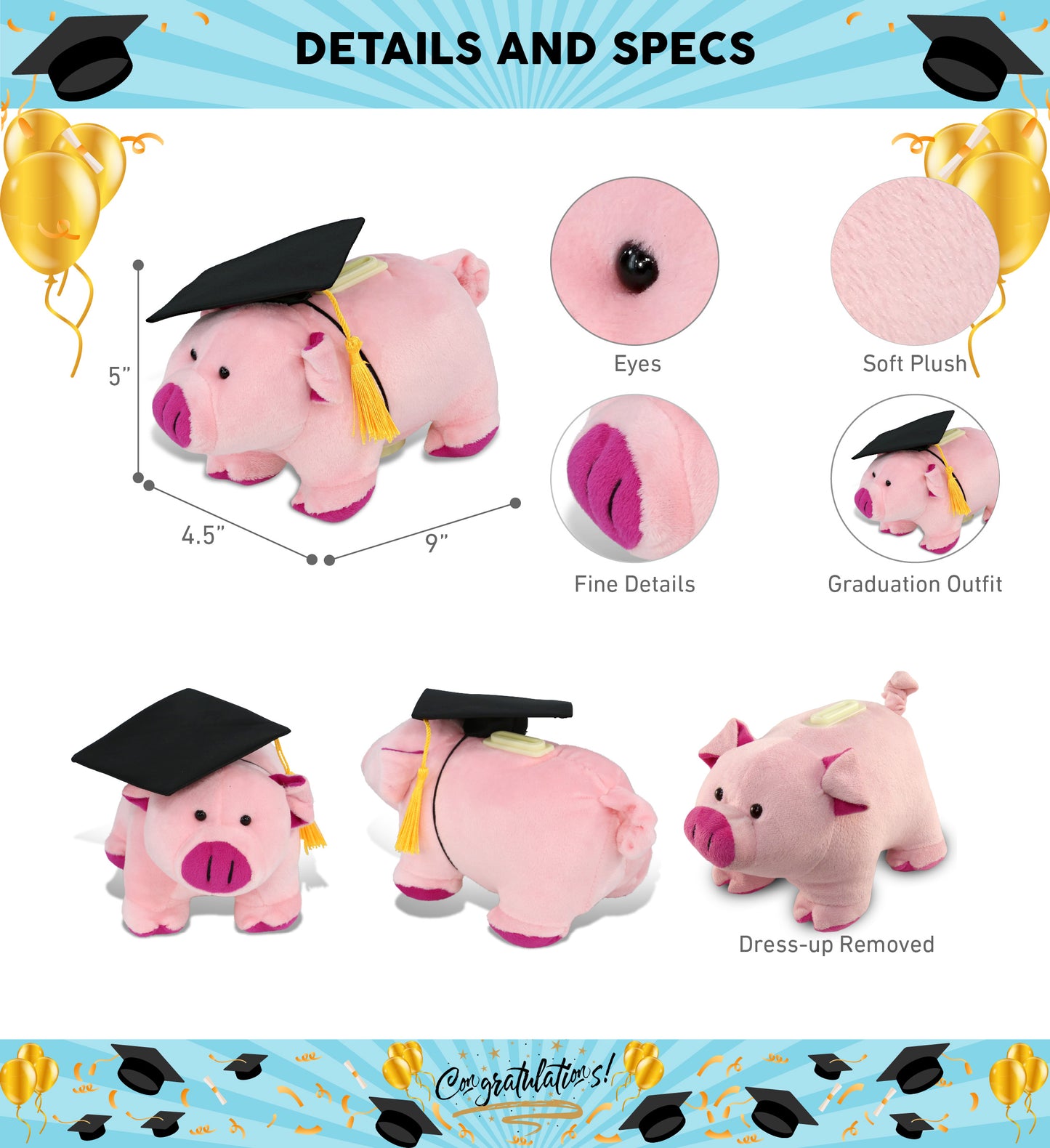 DolliBu Pig - Plush Bank Graduation with a Graduation Cap with Tassel, 9 Inches