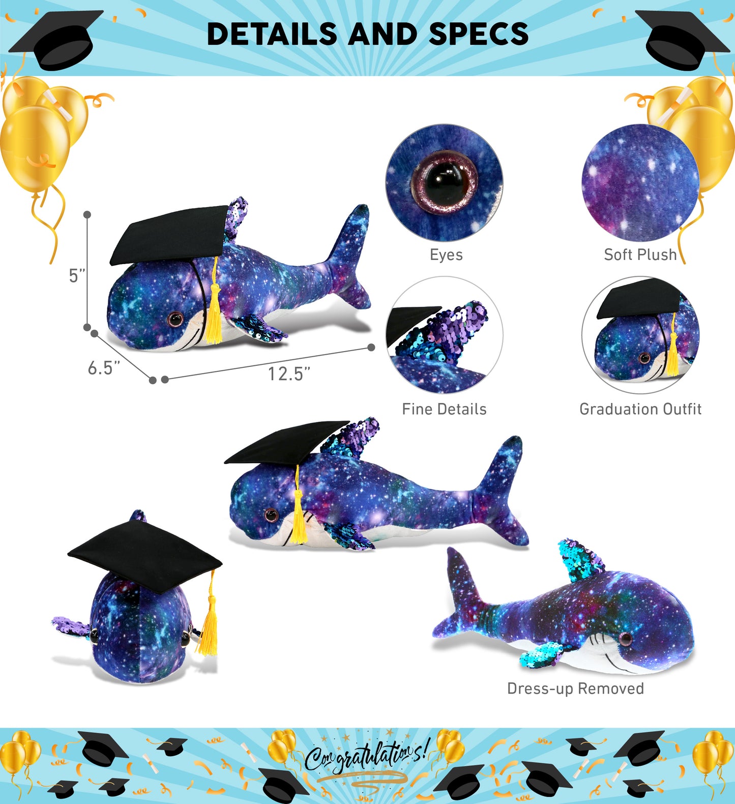 DolliBu Shark Space Sequin Graduation Plush Toy with Cap with Tassel - 12 Inch
