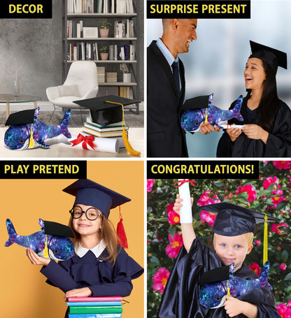 DolliBu Shark Space Sequin Graduation Plush Toy with Cap with Tassel - 12 Inch