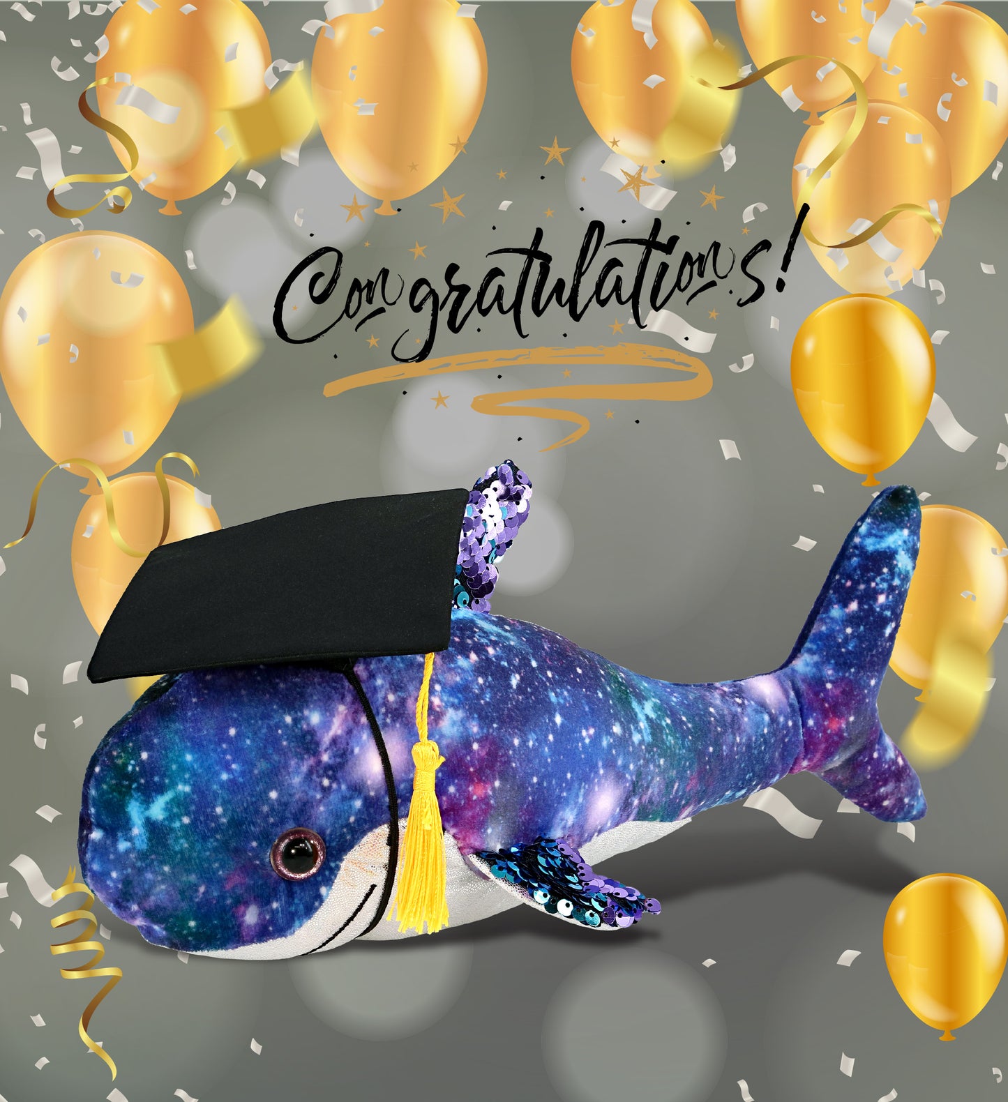 DolliBu Shark Space Sequin Graduation Plush Toy with Cap with Tassel - 12 Inch