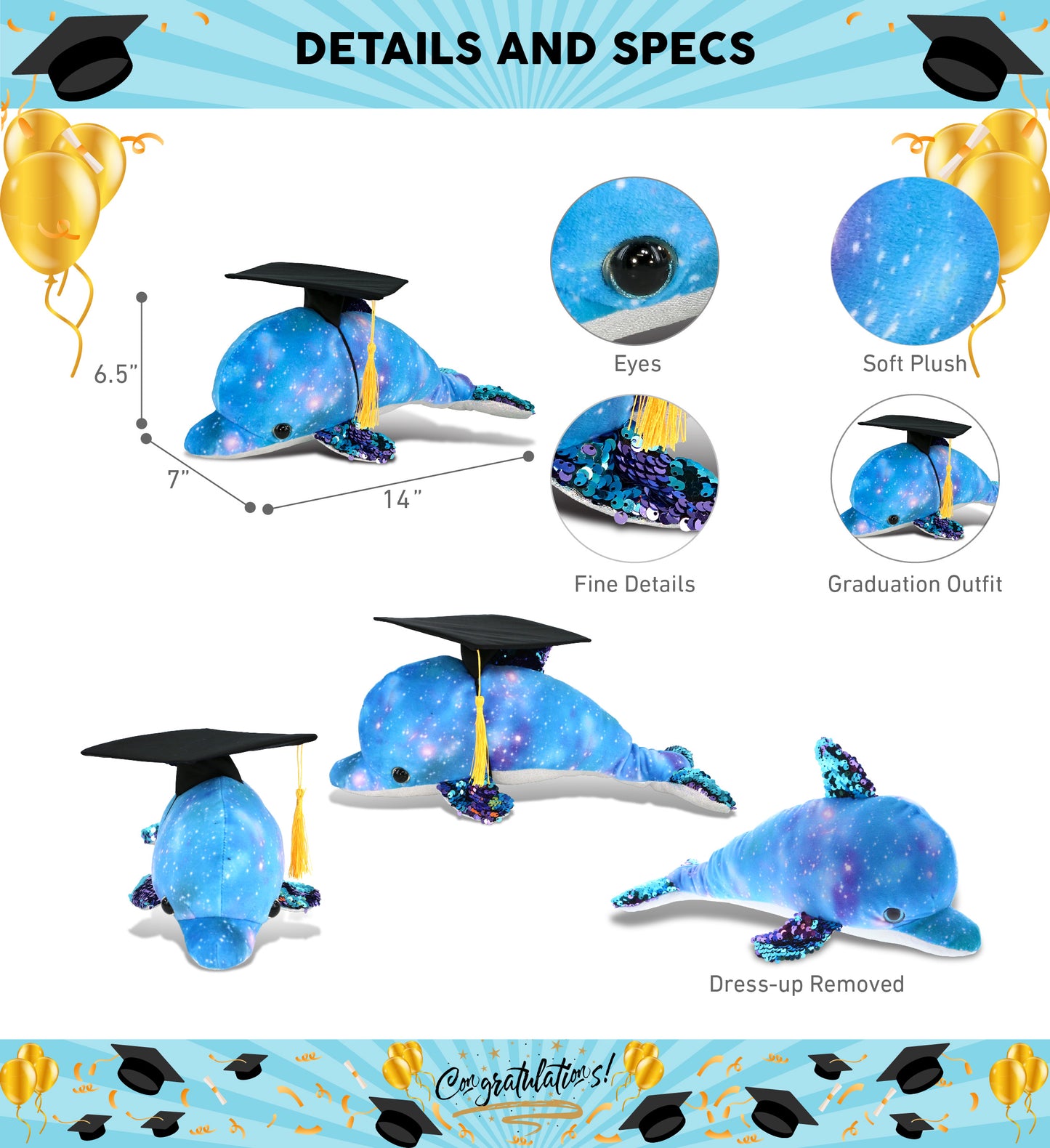 DolliBu Dolphin Space Sequin Graduation Plush Toy with Cap with Tassel, 12 Inch
