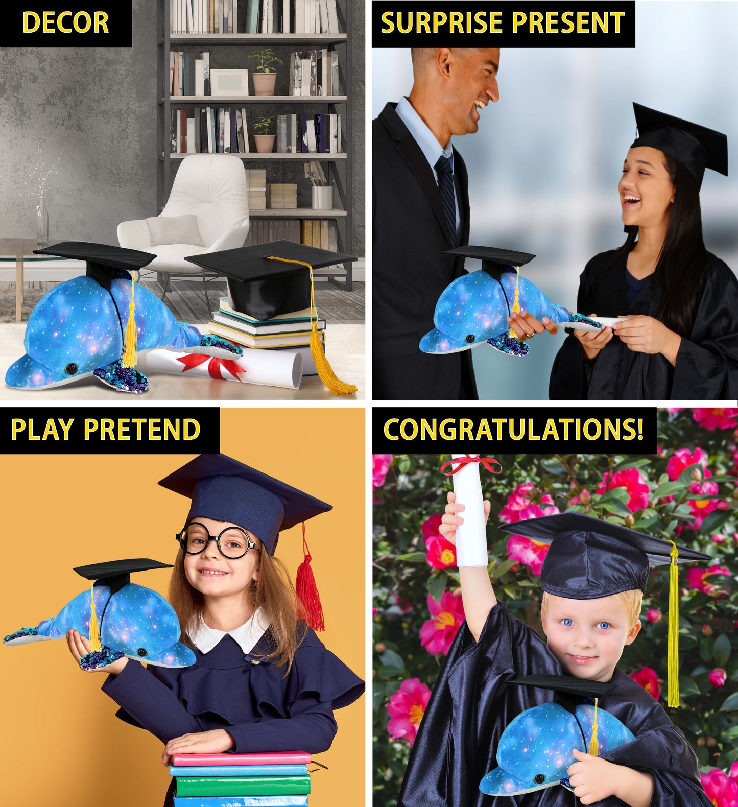 DolliBu Dolphin Space Sequin Graduation Plush Toy with Cap with Tassel, 12 Inch