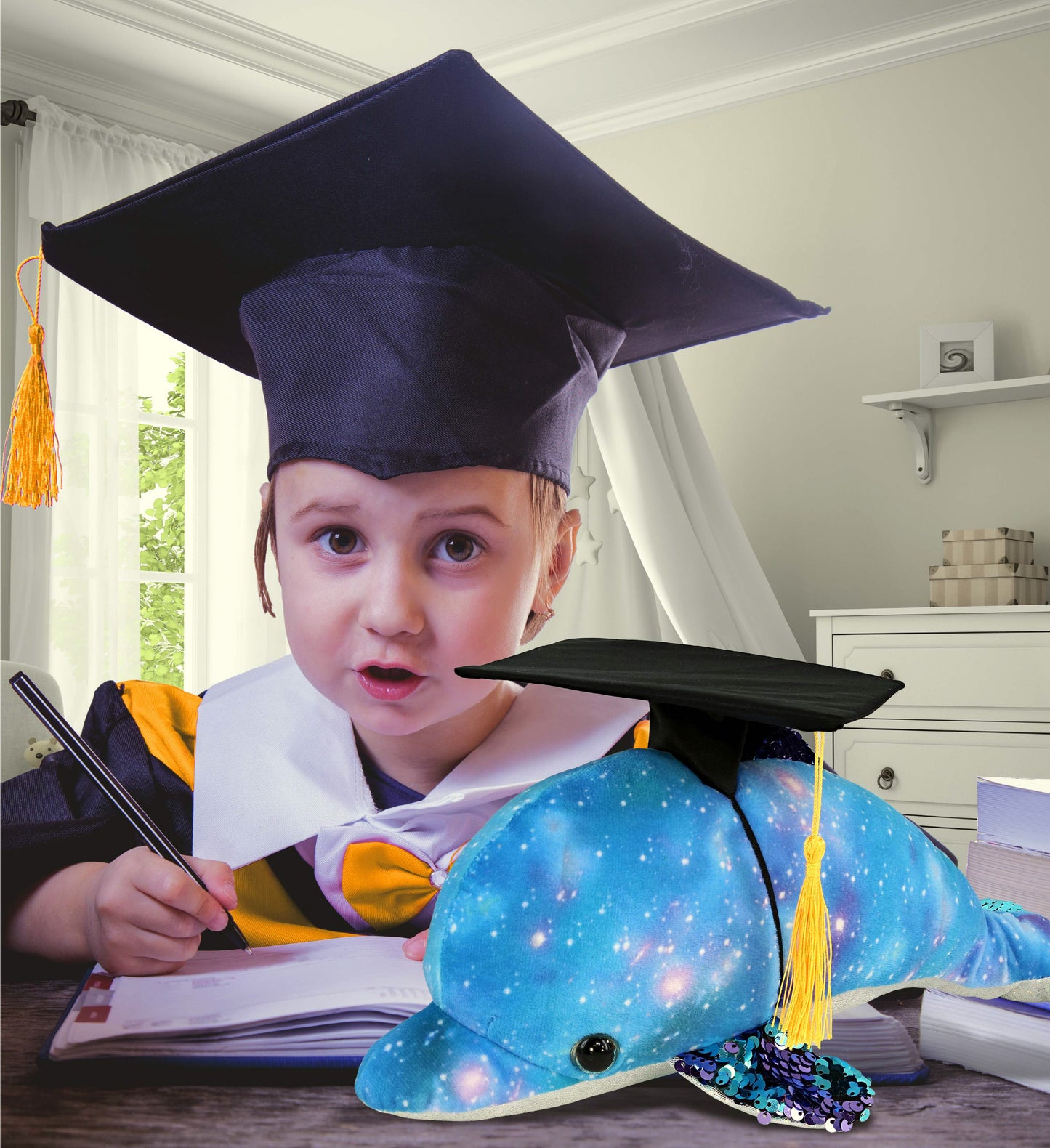 DolliBu Dolphin Space Sequin Graduation Plush Toy with Cap with Tassel, 12 Inch