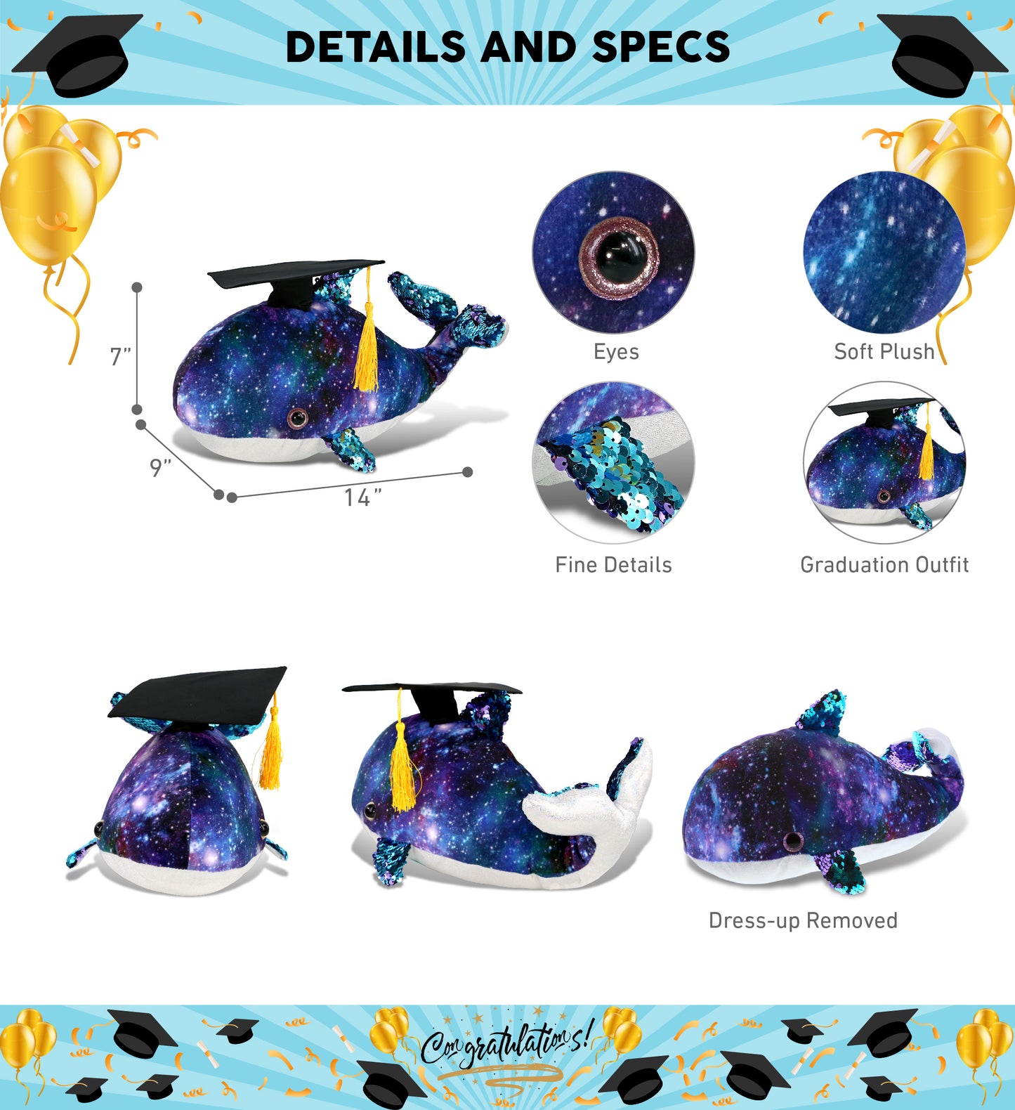 DolliBu Whale Space Sequin Graduation Plush Toy with Cap with Tassel - 13 Inch