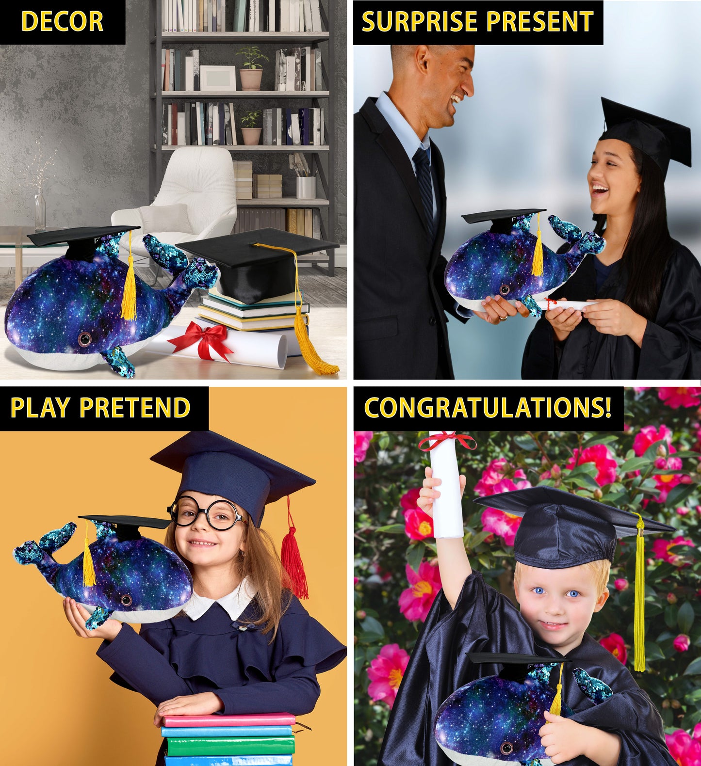 DolliBu Whale Space Sequin Graduation Plush Toy with Cap with Tassel - 13 Inch