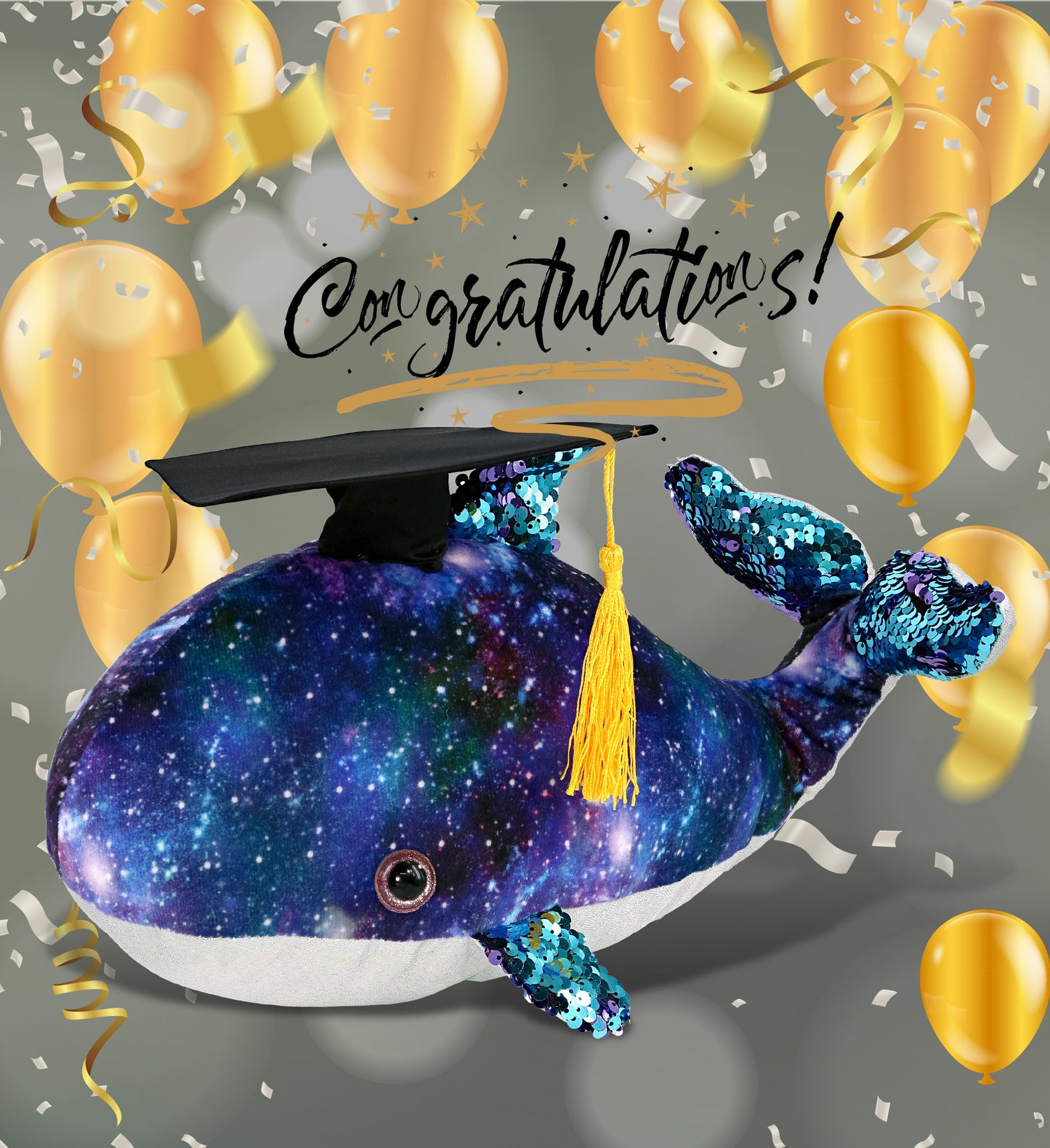 DolliBu Whale Space Sequin Graduation Plush Toy with Cap with Tassel - 13 Inch