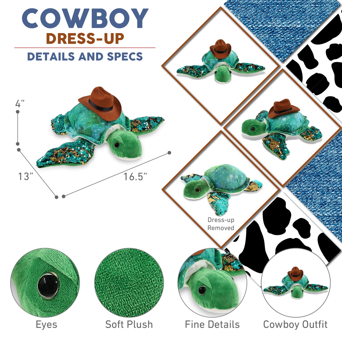 SPACE SEQUIN PLUSH - 13" SEA TURTLE COWBOY DRESS UP