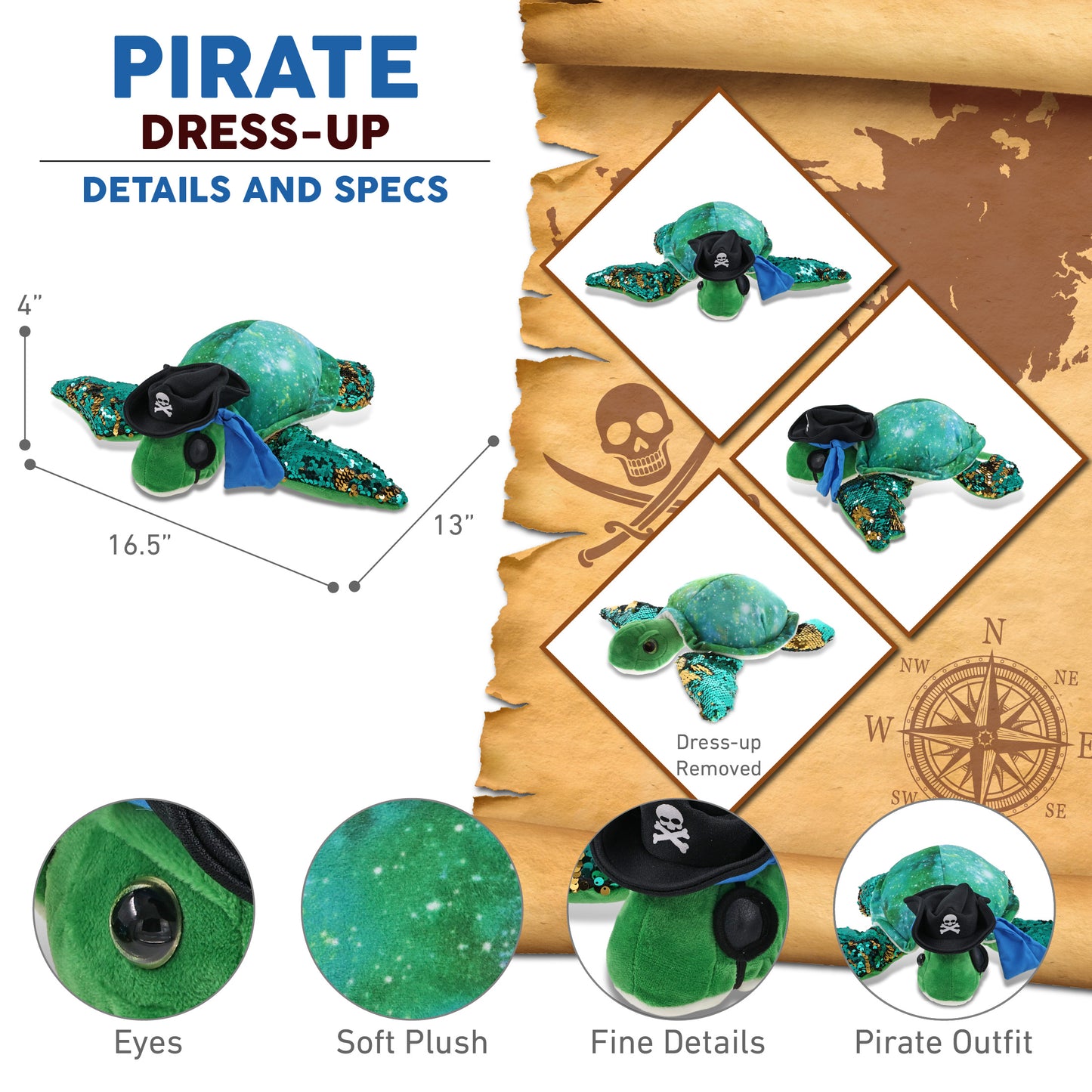 SPACE SEQUIN PLUSH - 13" SEA TURTLE PIRATE DRESS UP