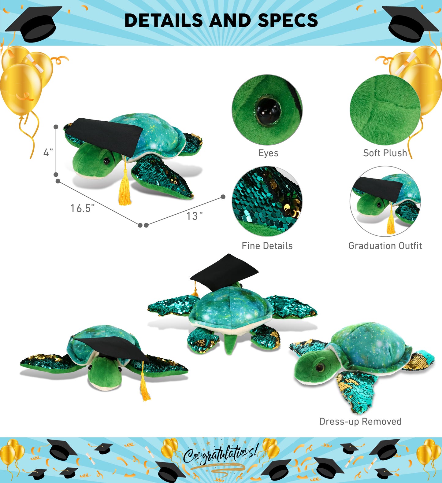 DolliBu Sea Turtle Space Sequin Graduation Plush with Cap Outfit - 13 Inches