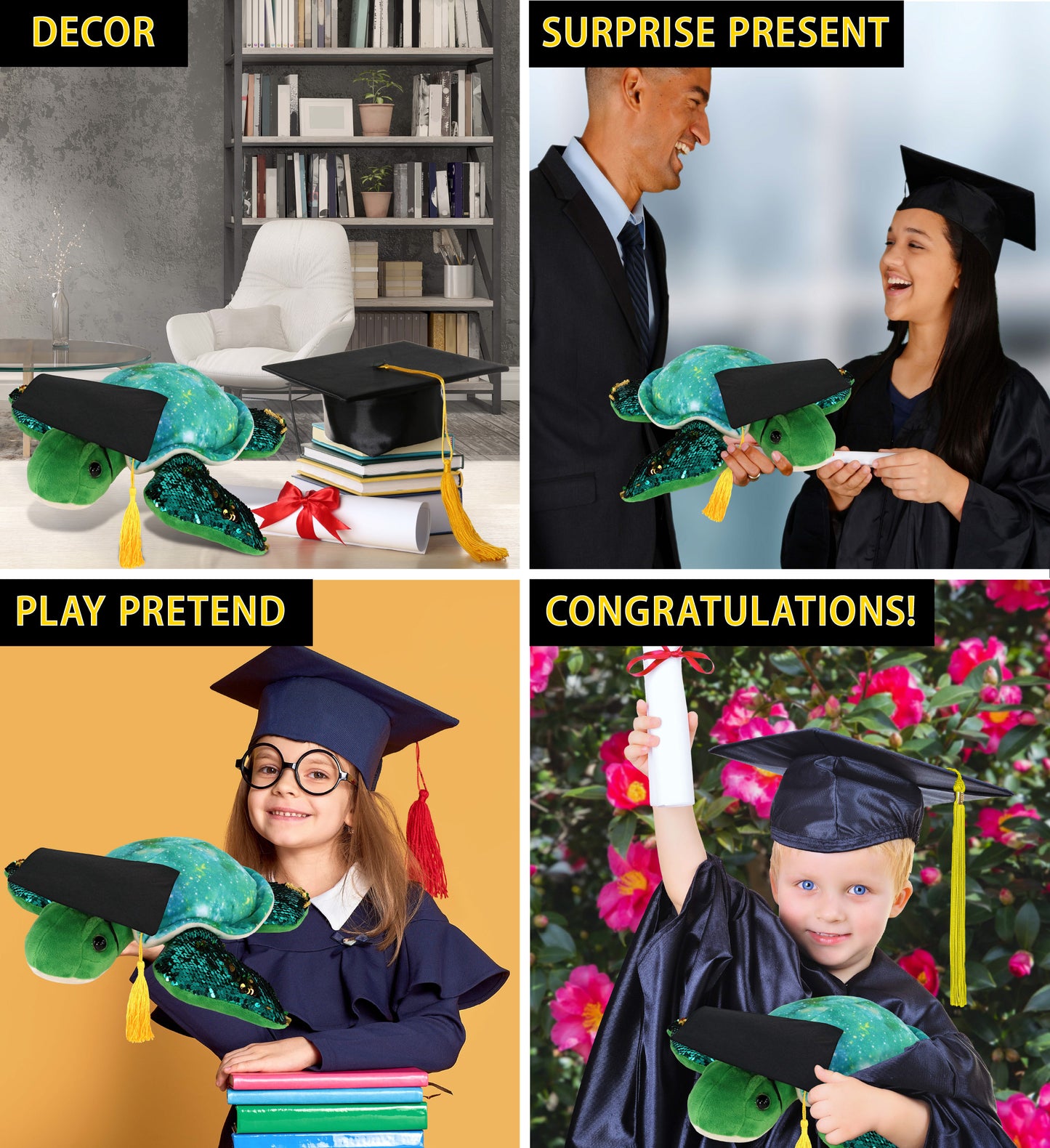 DolliBu Sea Turtle Space Sequin Graduation Plush with Cap Outfit - 13 Inches