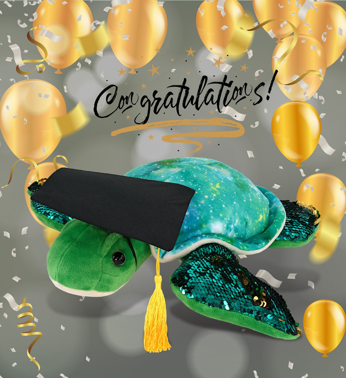 DolliBu Sea Turtle Space Sequin Graduation Plush with Cap Outfit - 13 Inches