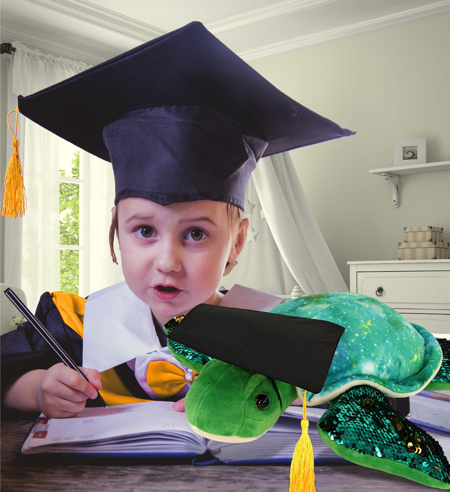 DolliBu Sea Turtle Space Sequin Graduation Plush with Cap Outfit - 13 Inches
