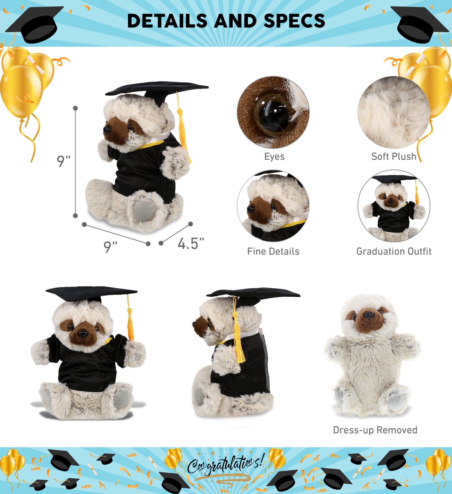 DolliBu Sloth Graduation Plush with Gown and Cap with Tassel Outfit - 9 Inches