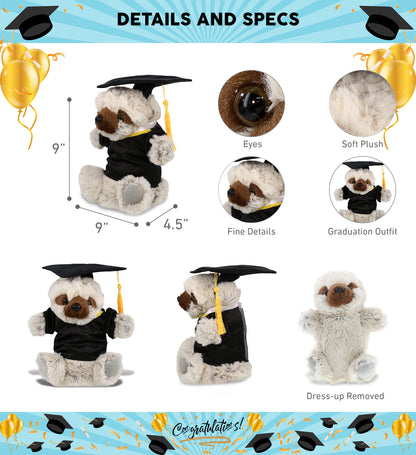 DolliBu Sloth Graduation Plush with Gown and Cap with Tassel Outfit - 9 Inches