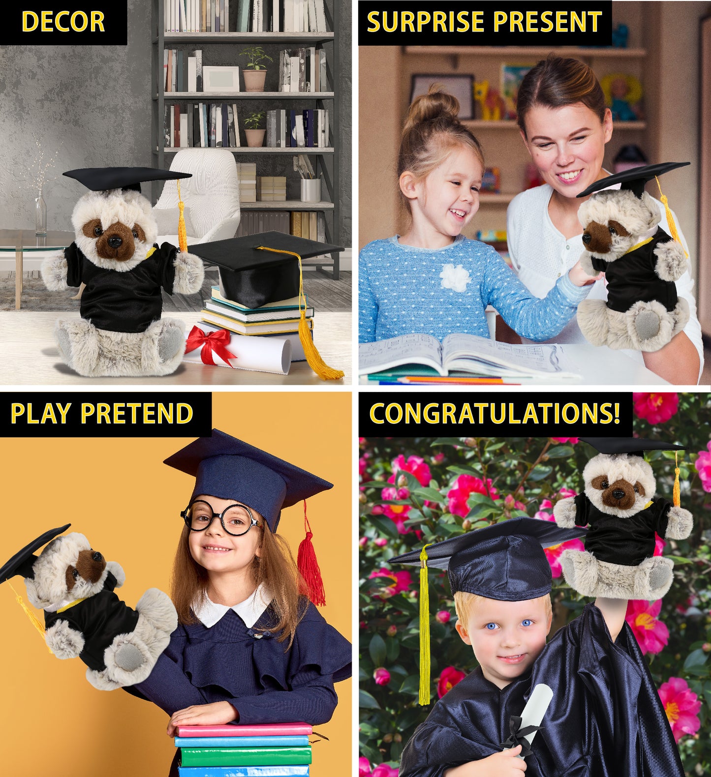 DolliBu Sloth Graduation Plush with Gown and Cap with Tassel Outfit - 9 Inches