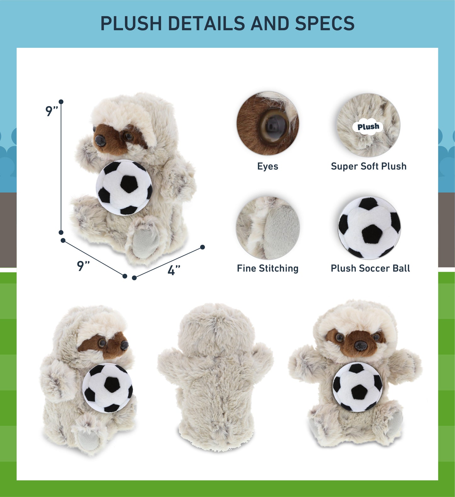 SUPER SOFT PLUSH HAND PUPPET - SLOTH WITH SOCCER PLUSH