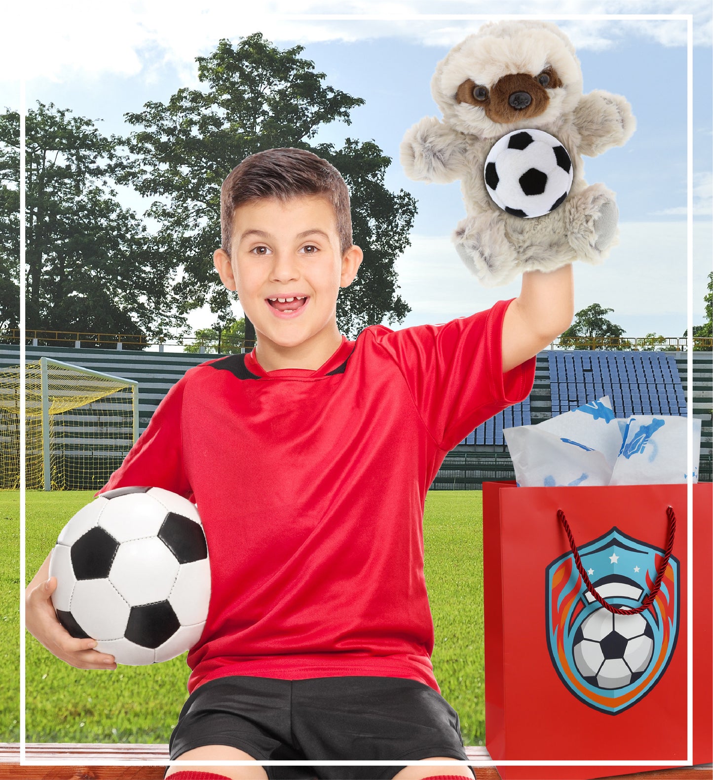 SUPER SOFT PLUSH HAND PUPPET - SLOTH WITH SOCCER PLUSH