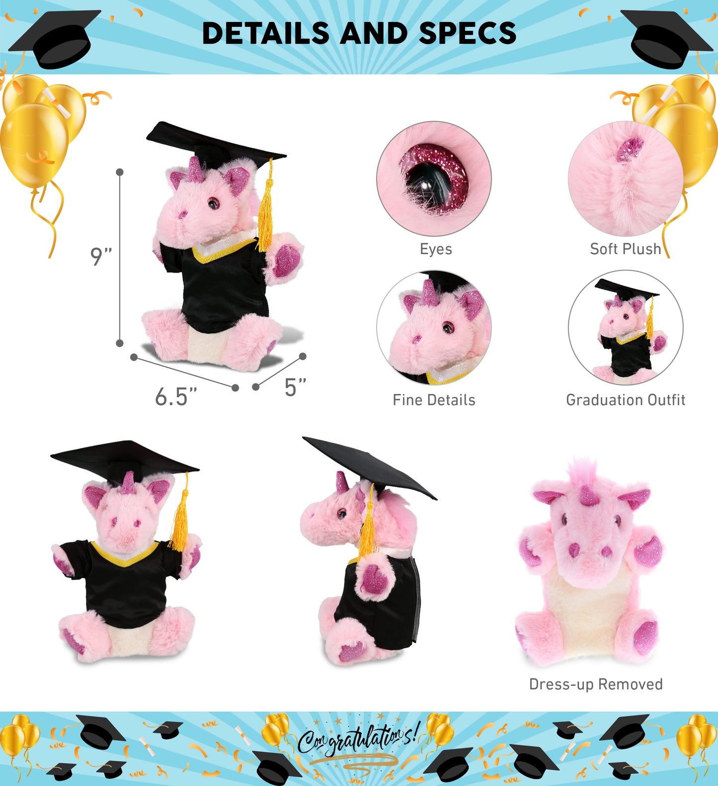 DolliBu Unicorn Graduation Plush with Gown and Cap with Tassel Outfit - 9 Inch