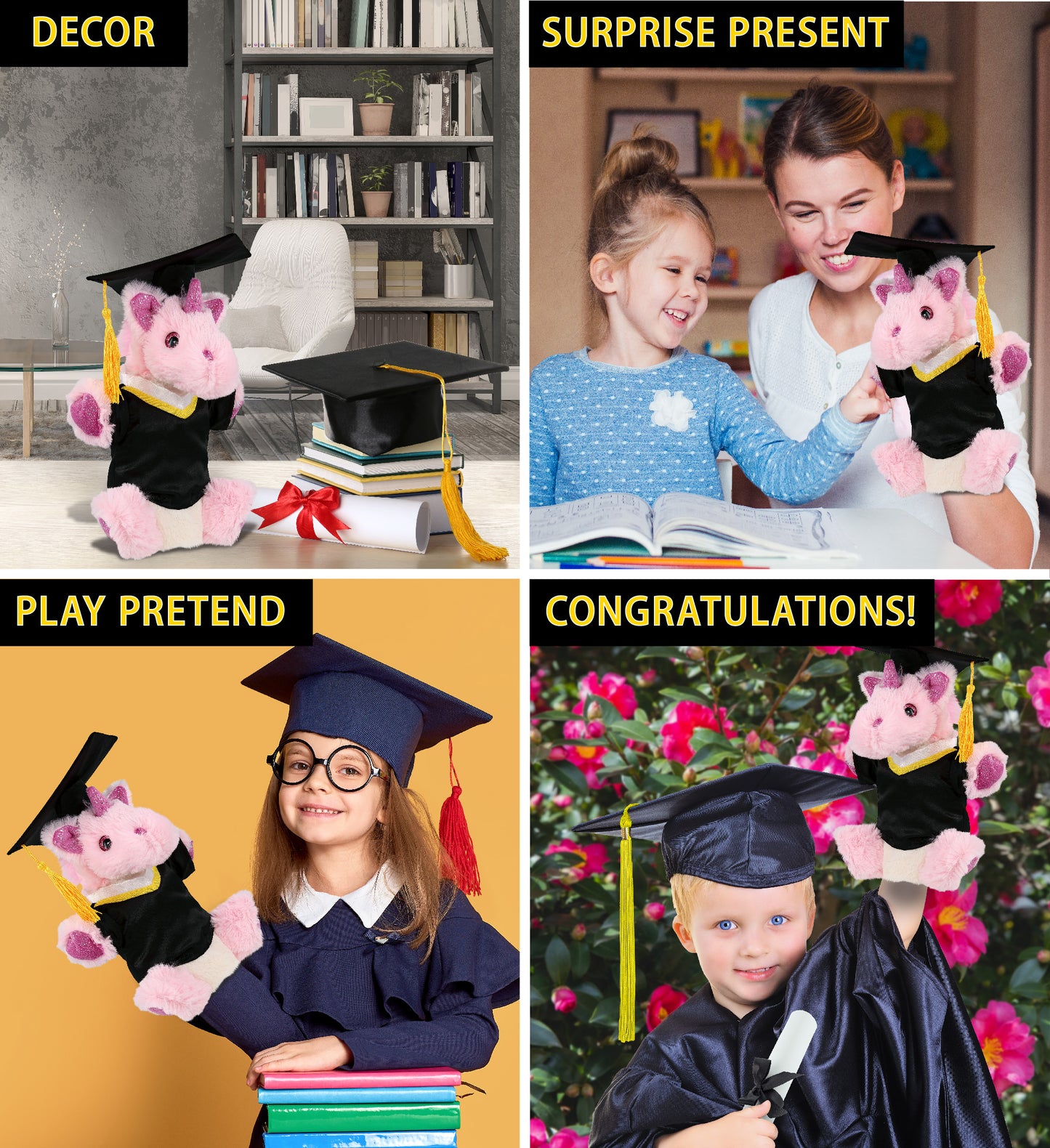 DolliBu Unicorn Graduation Plush with Gown and Cap with Tassel Outfit - 9 Inch
