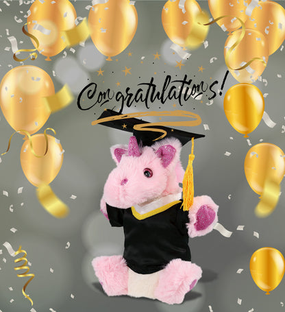 DolliBu Unicorn Graduation Plush with Gown and Cap with Tassel Outfit - 9 Inch