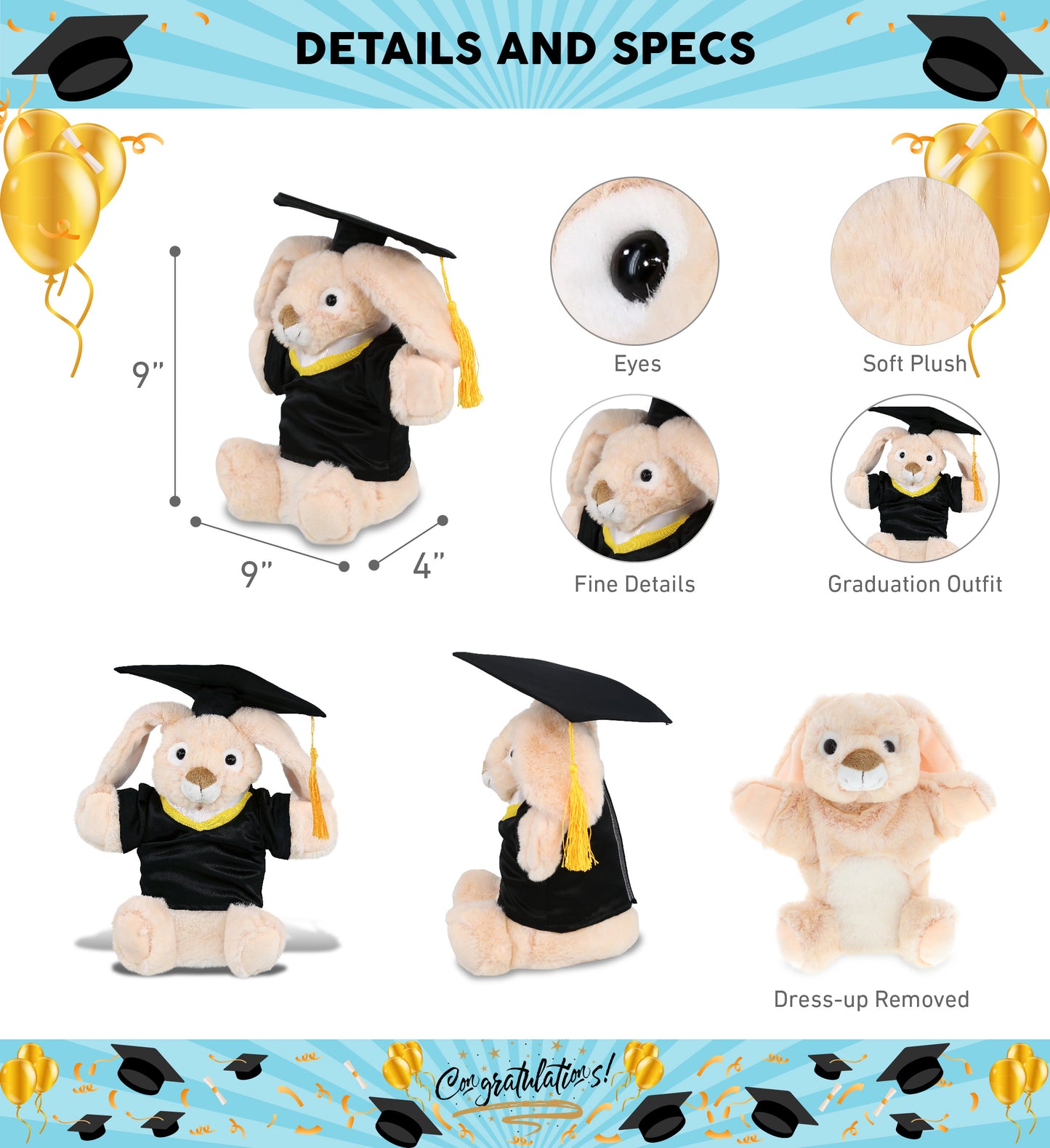 DolliBu Rabbit Hand Puppet Graduation Plush Toy with Gown and Cap - 9 Inches