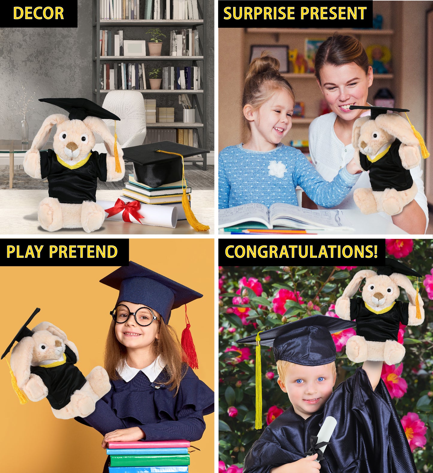 DolliBu Rabbit Hand Puppet Graduation Plush Toy with Gown and Cap - 9 Inches